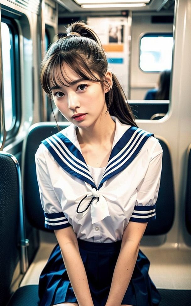 セーラー服と電車の私 AI美女の車窓からの誘惑 - サンプル画像 1
