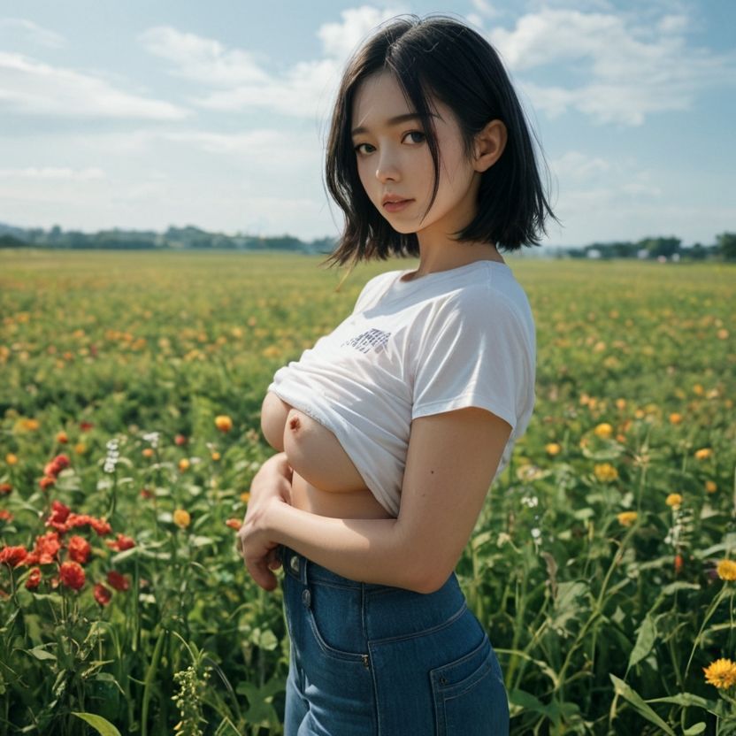 お花畑でおっぱいを露出するお姉さん（セリフなし  AI画像集） - サンプル画像 6