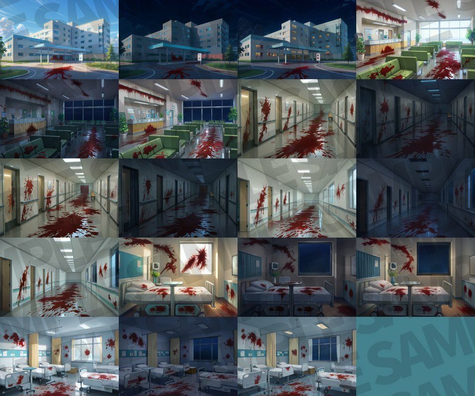 病院/血濡れ病院背景パック87枚【TRPG背景素材/CoC/ゲーム素材背景イラスト】【昼夜差分/血濡れ差分】 - サンプル画像 6