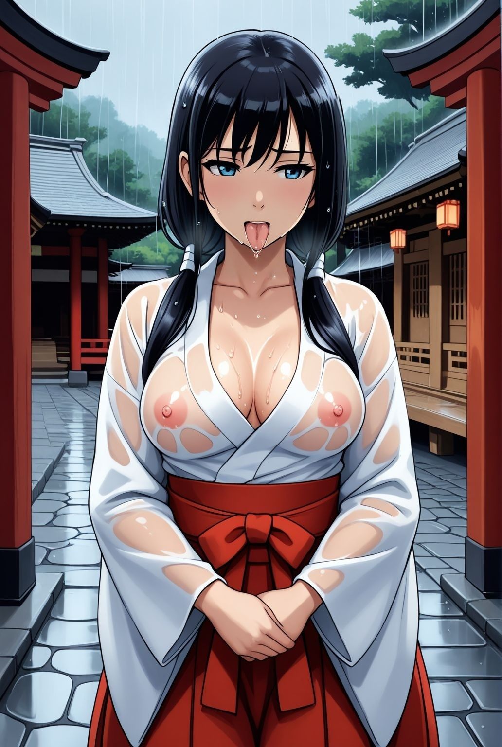 しめやかな雨、透け布の奥で疼く人妻巫女 - サンプル画像 2