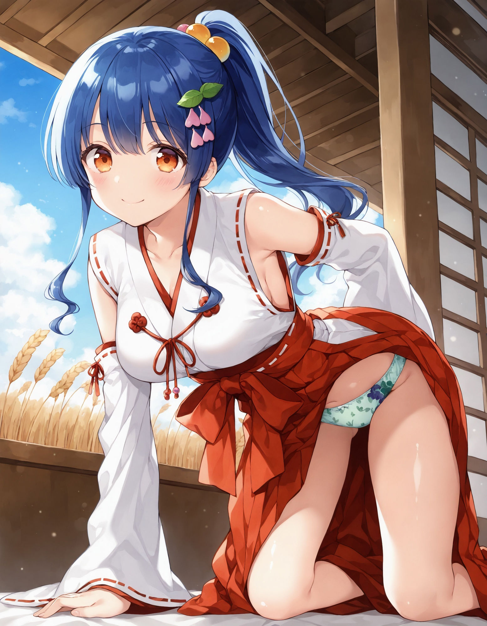 巫女コスで四つん這いパンチラ - サンプル画像 3