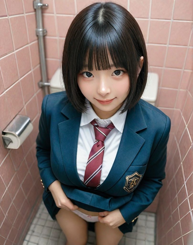 【実写風AI】女子トイレの個室に連れ込まれてスカートの中を見せつけられる180枚 - サンプル画像 1