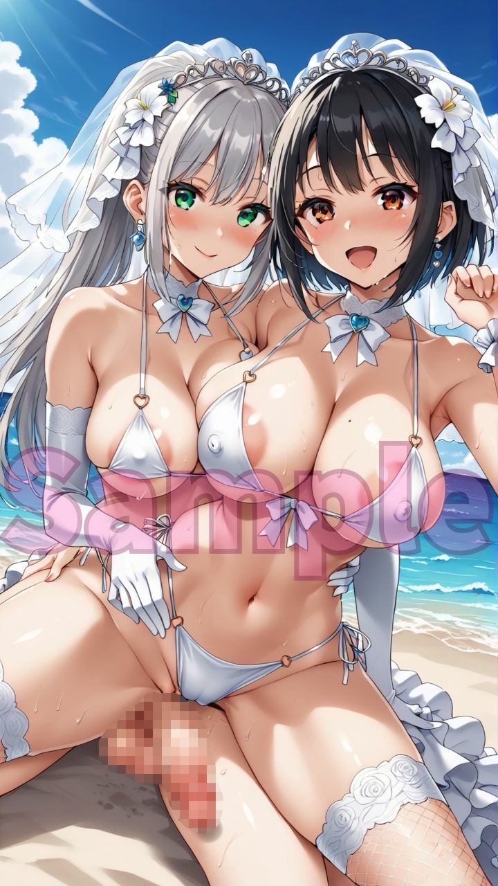 夏だ！海だ！水着ウェディングドレス＆ふたなり美女たちとビーチで大乱交パート2 - サンプル画像 2