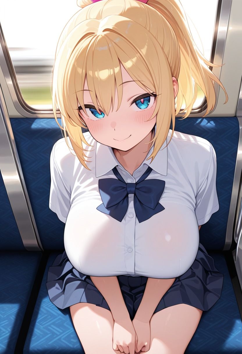 電車にエロい巨乳制服女子校生いたから俺のクソでかちんこ見せつけてやったらまさかの餓えたライオンのように食らいついてきた - サンプル画像 1