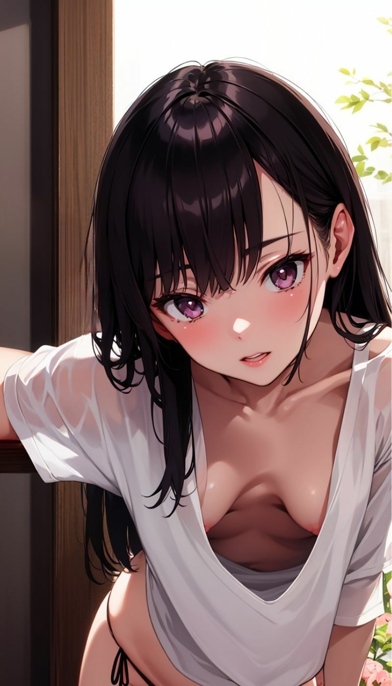 こぼれる乳房と視線の先隙間から覗いたピンクの先 - サンプル画像 1