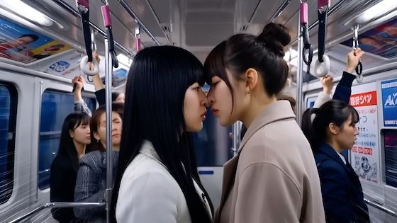 【満員電車2】鼻と鼻を押し付け合って睨み合う本妻と愛人。（キスあり） - サンプル画像 1