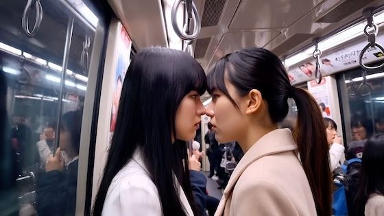 【満員電車2】鼻と鼻を押し付け合って睨み合う本妻と愛人。（キスあり） - サンプル画像 2