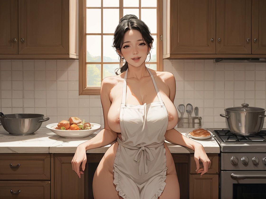 ド淫乱爆乳人妻を裸エプロンでハメ倒す - サンプル画像 1