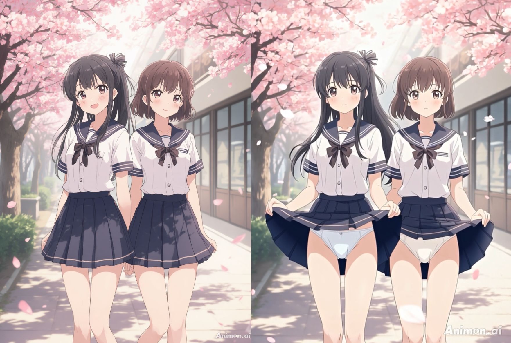 【アニメ36分】にこいち（二人一組）ひたすらミニスカめくって生パンツ！ミニスカートJ系制服を着た女の子がはいている400枚以上のパンティー！純白ショーツから、ブルマやスパッツっぽい下着まで！大胆な女の子から、ツンデレで見せてくれない女の子まで - サンプル画像 2