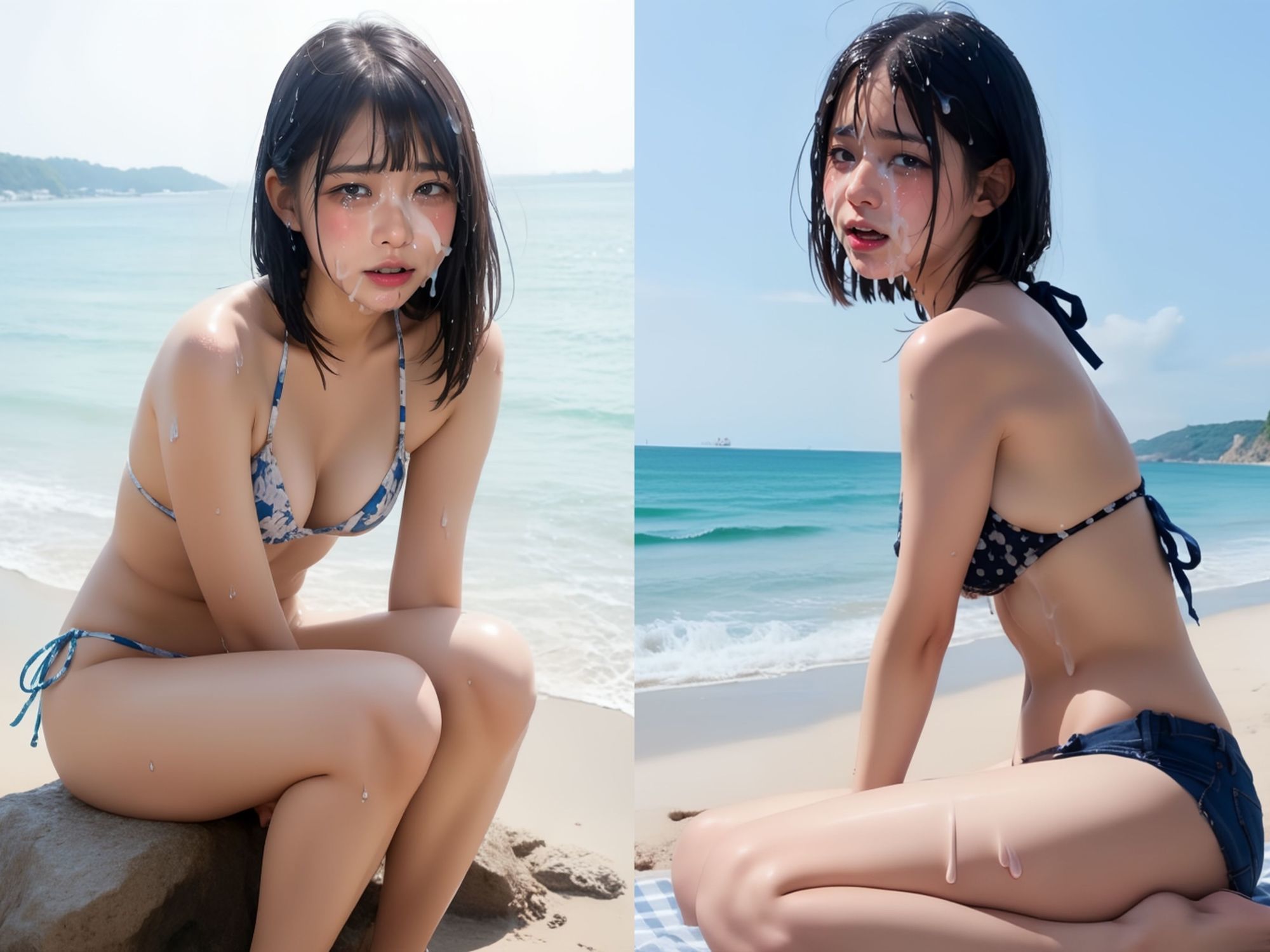 水着美女砂浜で顔射グラビア撮影会 - サンプル画像 4