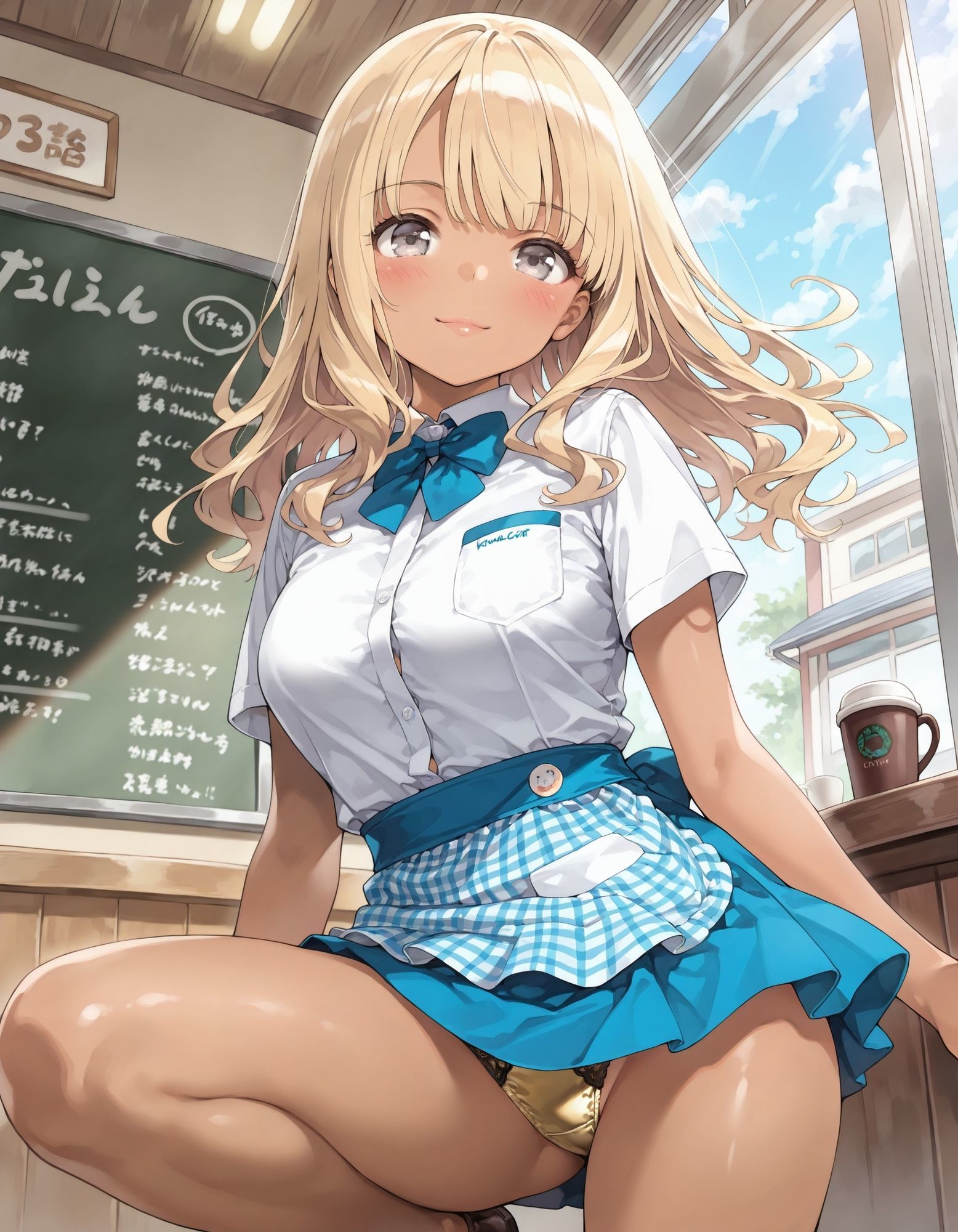 黒ギャルウェイトレスのしゃがみパンチラ - サンプル画像 1