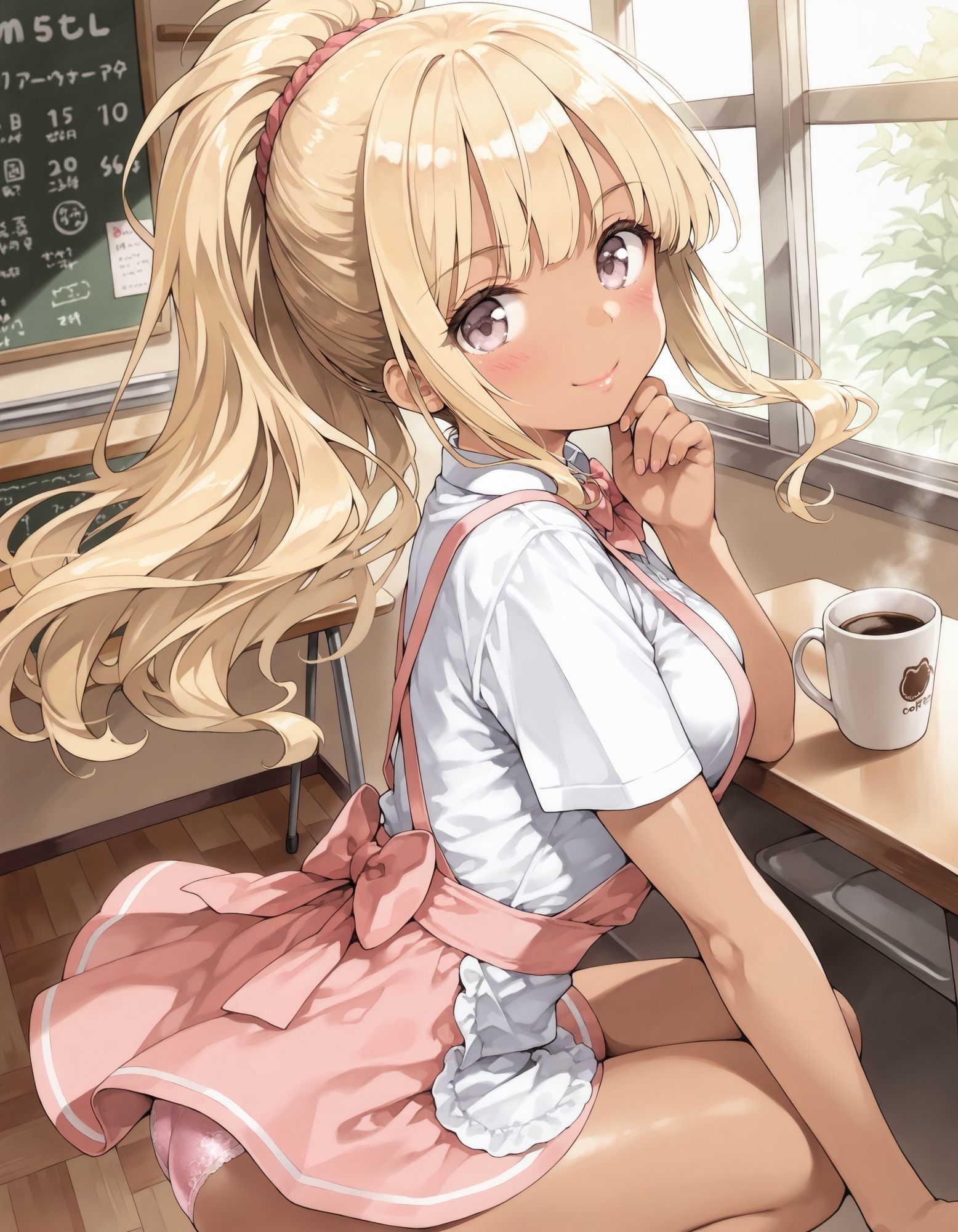 黒ギャルウェイトレスのしゃがみパンチラ - サンプル画像 2