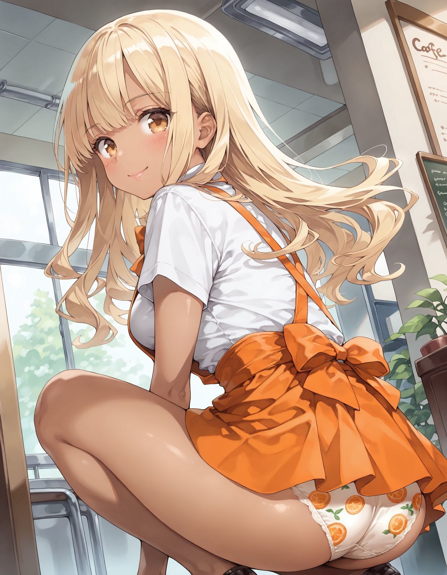 黒ギャルウェイトレスのしゃがみパンチラ - サンプル画像 4