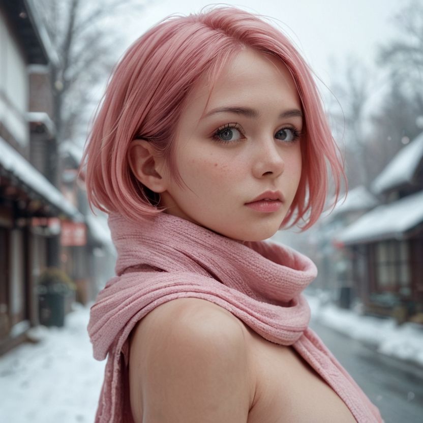 ピンクのショートヘアーのマフラー美女（セリフなし  AI画像集） - サンプル画像 8