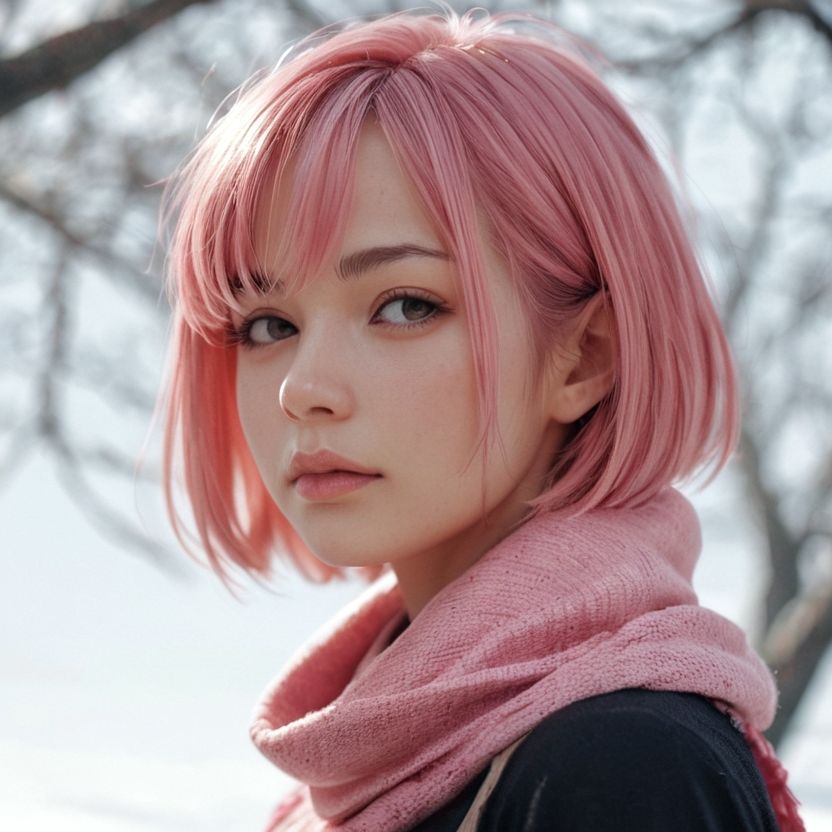 マフラーをしているピンク色のショートヘアの美女（セリフなし  AI画像集） - サンプル画像 1