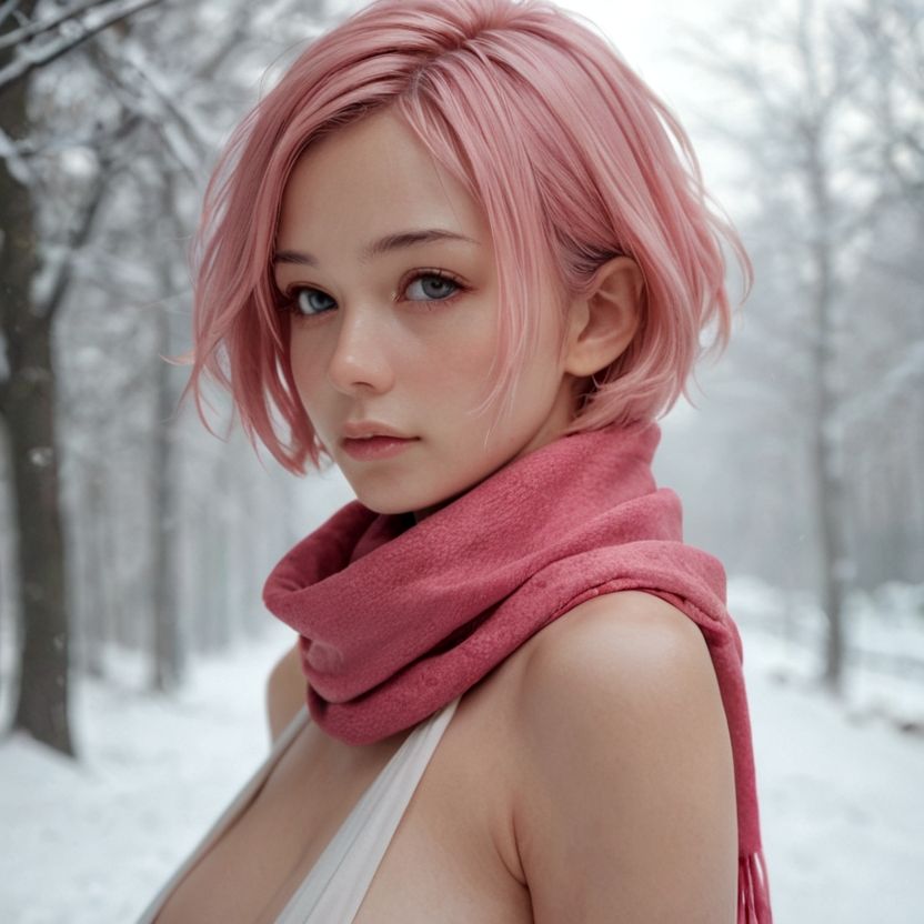 マフラーをしているピンク色のショートヘアの美女（セリフなし  AI画像集） - サンプル画像 6