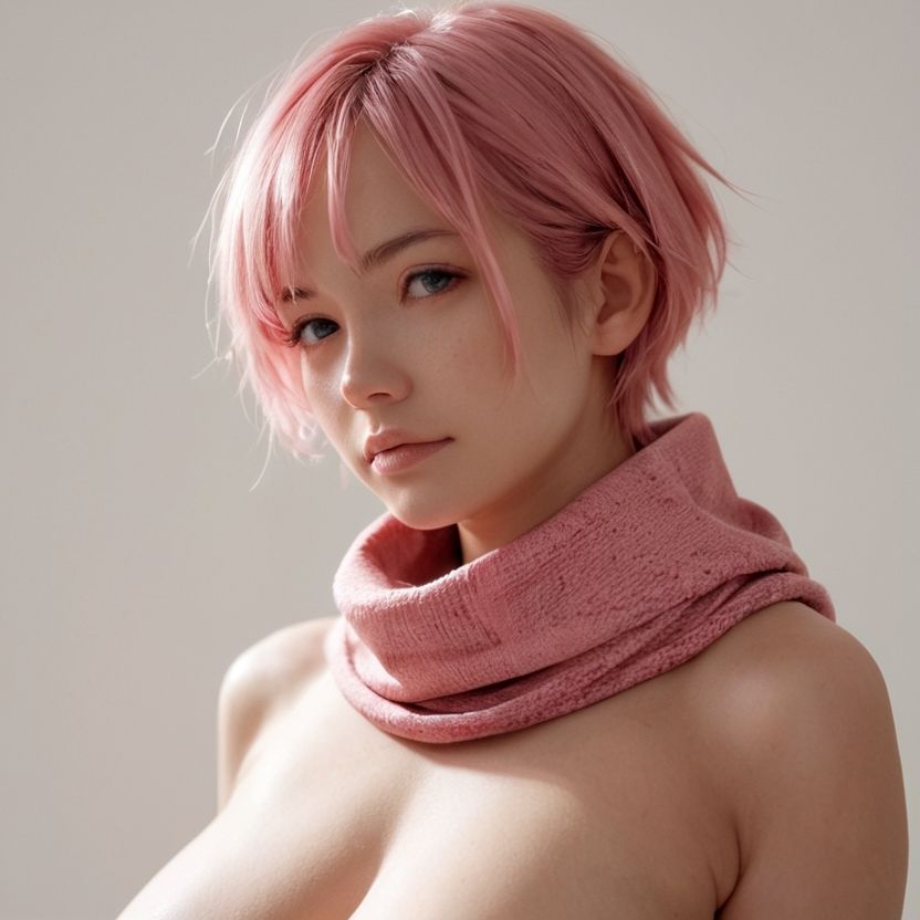 マフラーをしているピンク色のショートヘアの美女（セリフなし  AI画像集） - サンプル画像 9