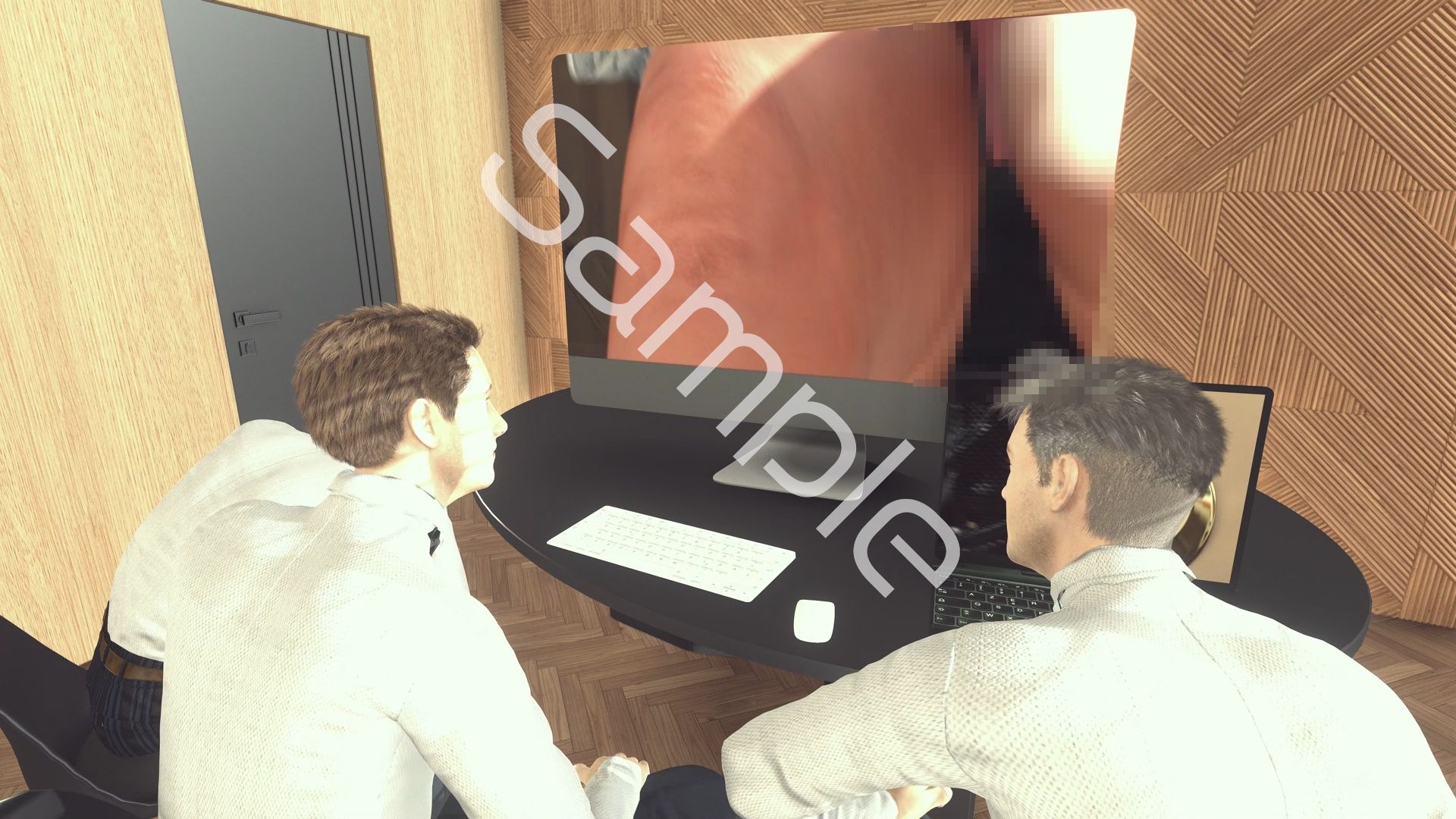 【●100▲100】ドスケベ放送部員男子複数名による、廻里生徒会長の演説時真下のピンホールカメラからの逆さ撮り盗撮動画ライブ鑑賞の様子（Vol.006:私服演説で盗撮されたフルバックパンティ） - サンプル画像 1