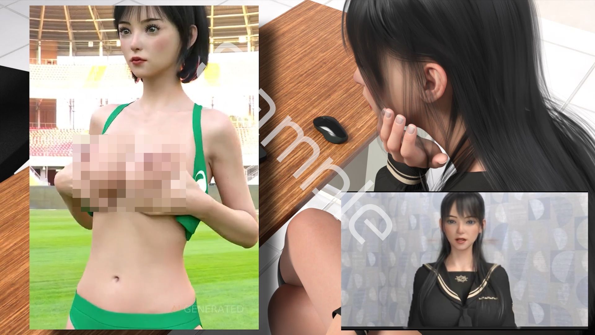 【△100●100】学業成績学年一位の二階堂沙耶・県警からの事情聴取で、自らの盗撮被害動画の確認を強いられる:DeepNude_001『沙耶のAIディープフェイク・勝手に陸上女子コスを着せられアイコラされておっぱいポロリ動画を生成される』 - サンプル画像 2