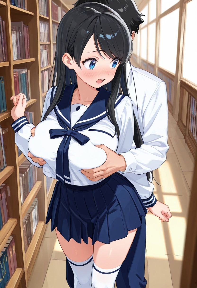 黒髪清楚な爆乳女子校生と図書館で秘密のSEX - サンプル画像 1