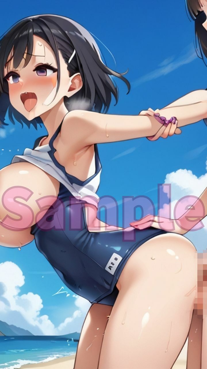 夏だ！海だ！スクール水着＆ふたなり美女たちとビーチで大乱交パート4 - サンプル画像 4