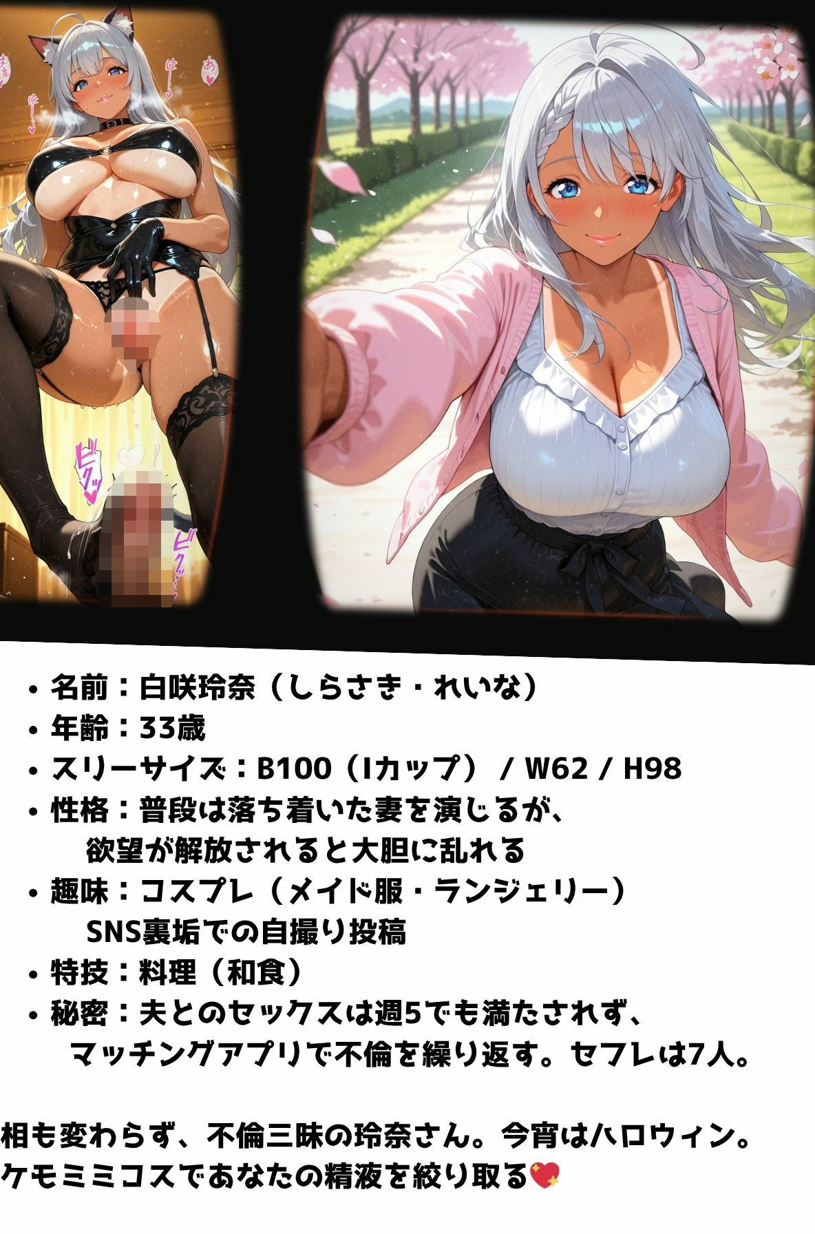 尻×ローアングル重視。夫と週5でも欲求不満。ハロウィンだからケモミミコスで搾り取り！（銀髪日焼け美女 玲奈） - サンプル画像 1