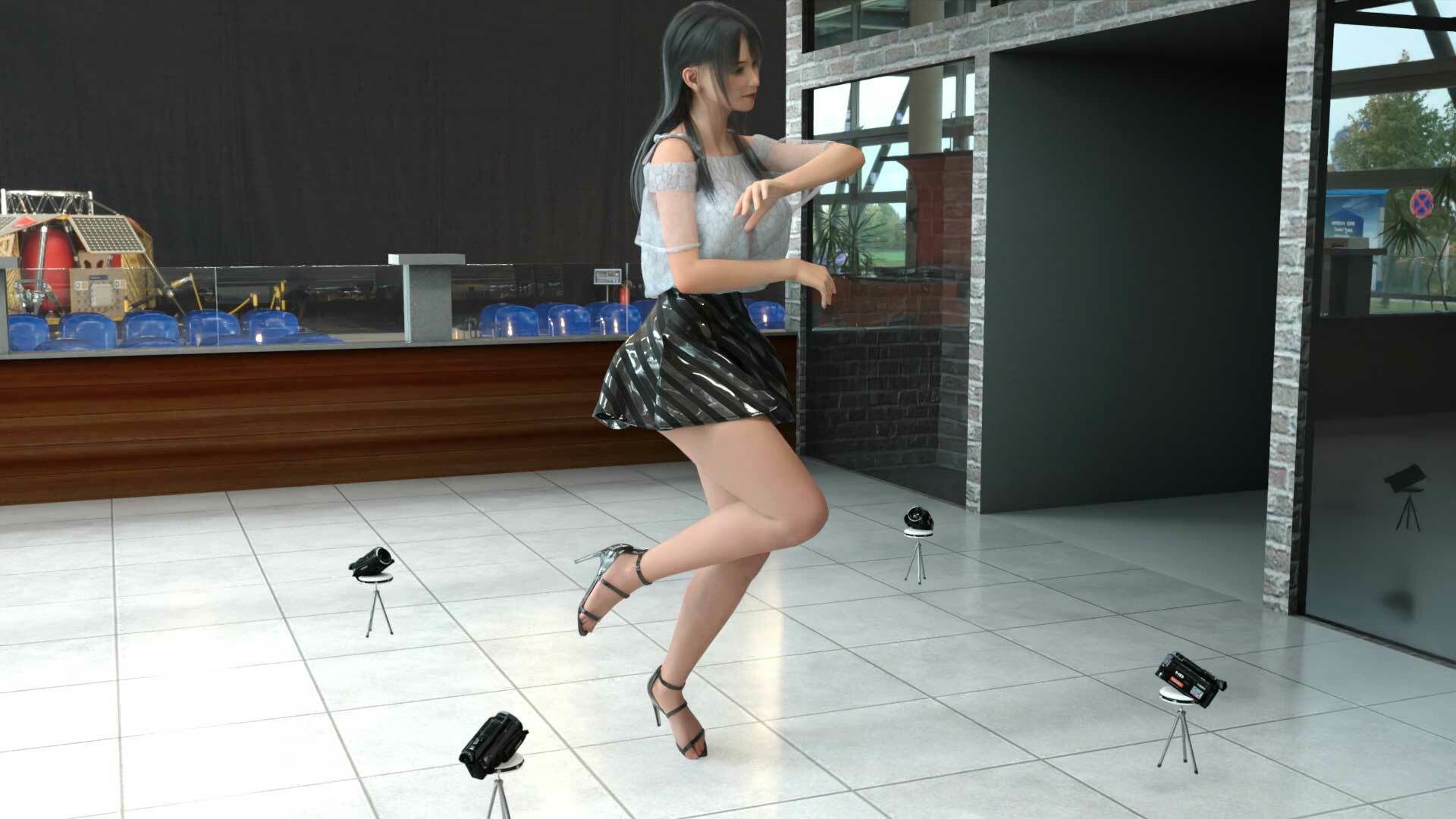 女子アナになった二階堂沙耶・早朝のニュース番組の冒頭でミニスカートでダンスすることを業務命令で強要される:Vol.004『ただの話題作りとのことで電源OFF（のはず）のカメラが4台、ローアングルから彼女のスカート内を覗き込むように設置されている:PV04_水色T-バックパンティで扇風機風チラ』 - サンプル画像 2