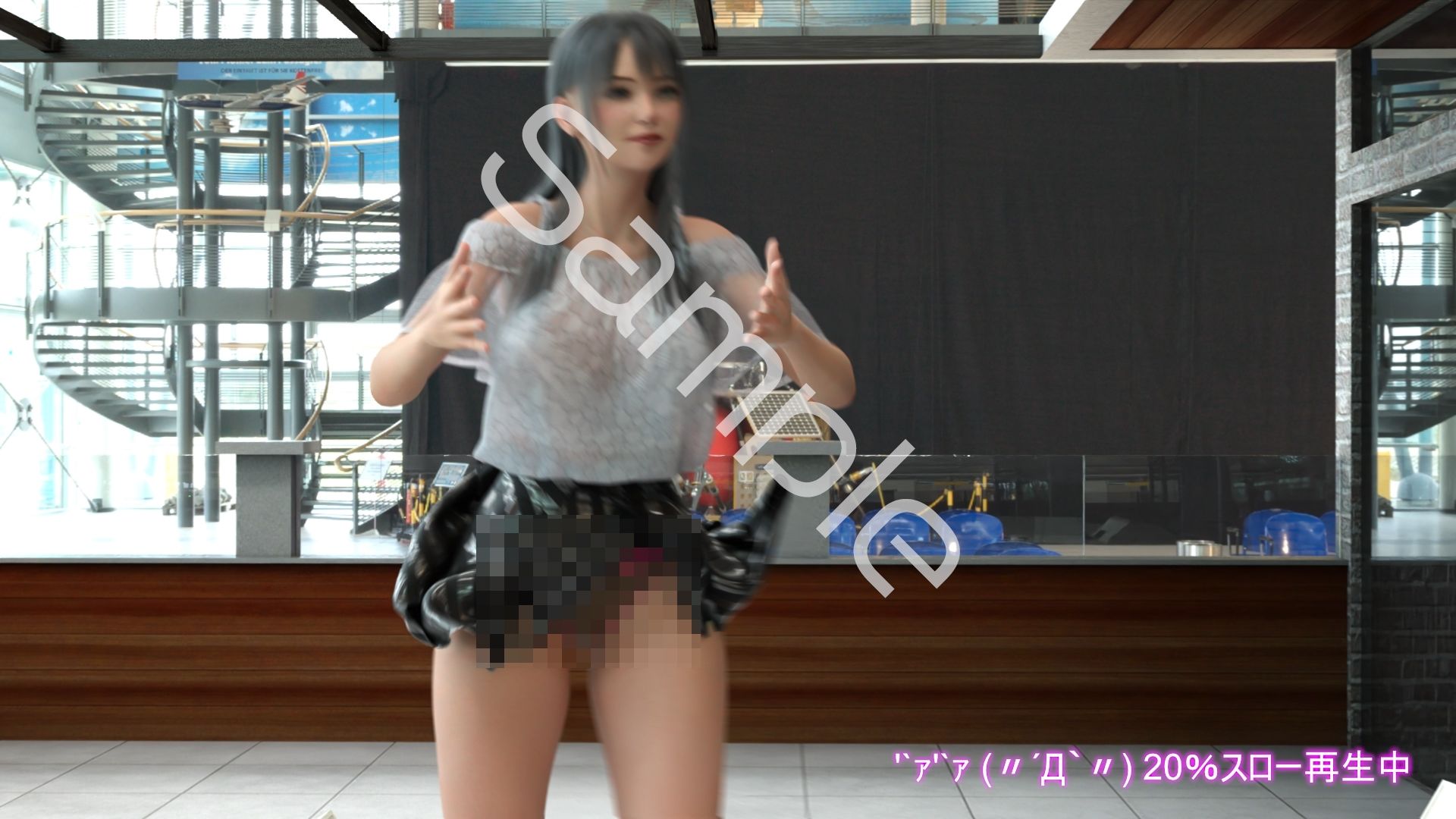 女子アナになった二階堂沙耶・早朝のニュース番組の冒頭でミニスカートでダンスすることを業務命令で強要される:Vol.005『ただの話題作りとのことで電源OFF（のはず）のカメラが4台、ローアングルから彼女のスカート内を覗き込むように設置されている:PV05_ヒョウ柄フルバックパンティで扇風機風チラ』 - サンプル画像 2