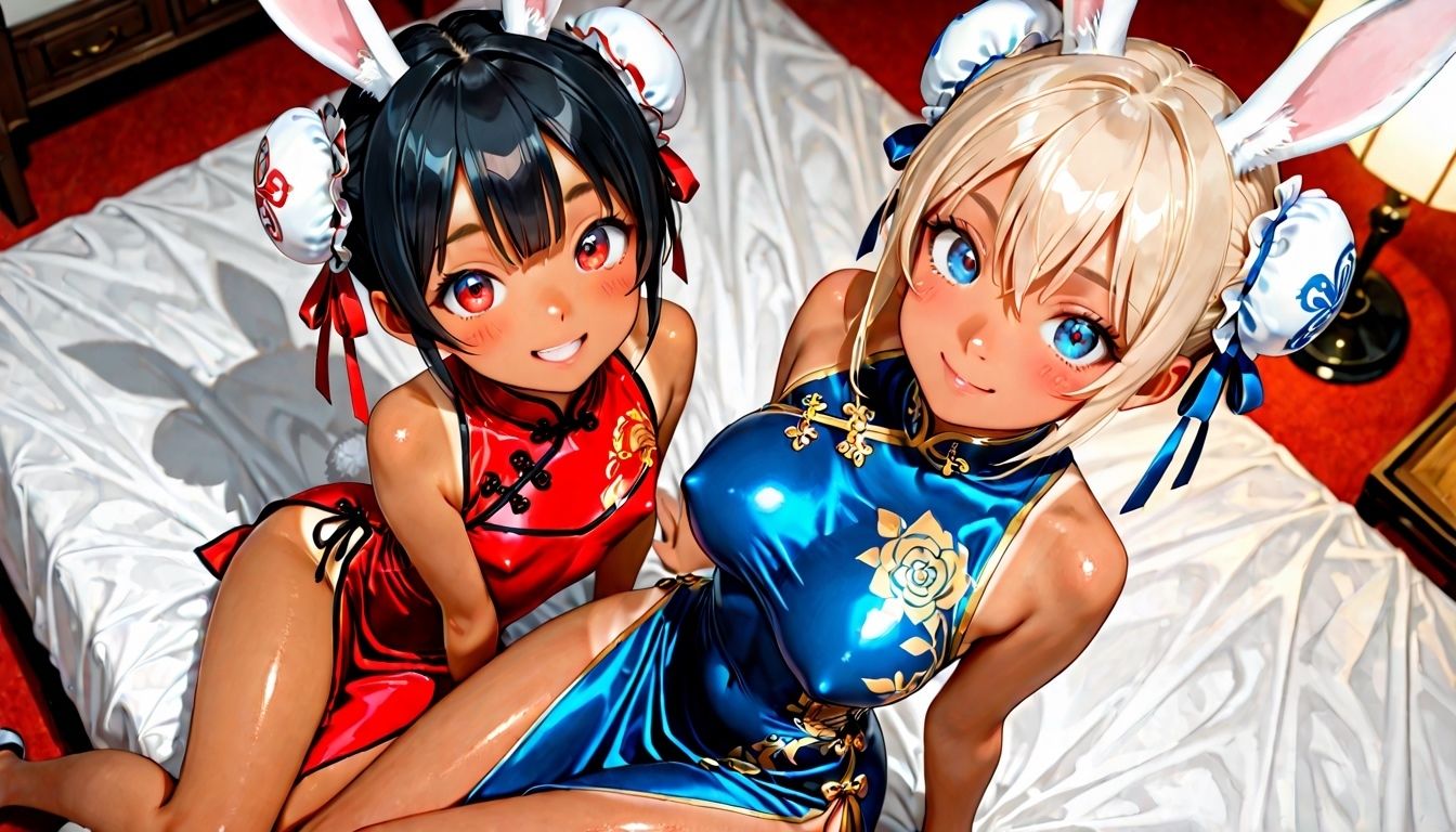 日焼け跡の眩しいうさ耳美少女な義妹と従妹がチャイナドレスで挑発してくる件 - サンプル画像 1