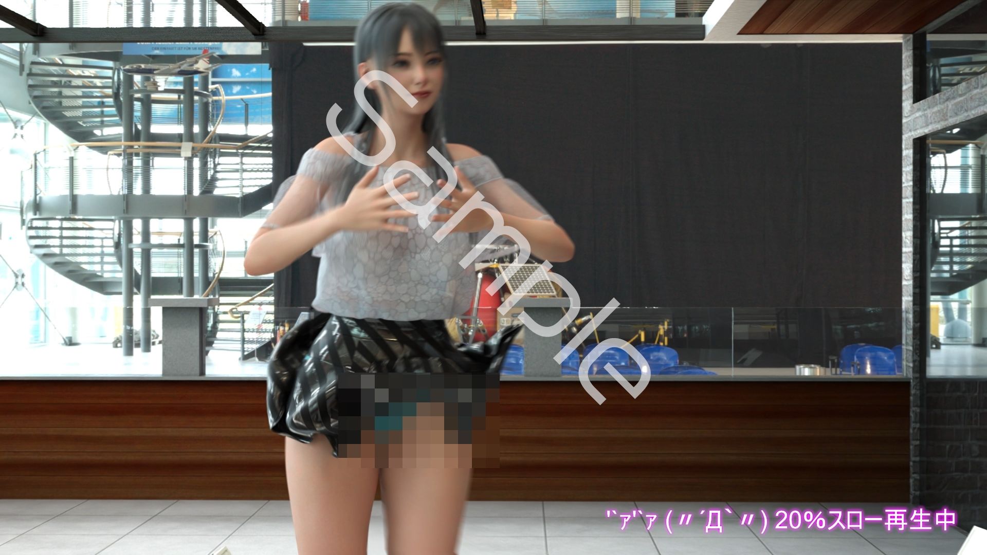 女子アナになった二階堂沙耶・早朝のニュース番組の冒頭でミニスカートでダンスすることを業務命令で強要される:Vol.007『ただの話題作りとのことで電源OFF（のはず）のカメラが4台、ローアングルから彼女のスカート内を覗き込むように設置されている:PV07_水色フルバックパンティで扇風機風チラ』 - サンプル画像 1