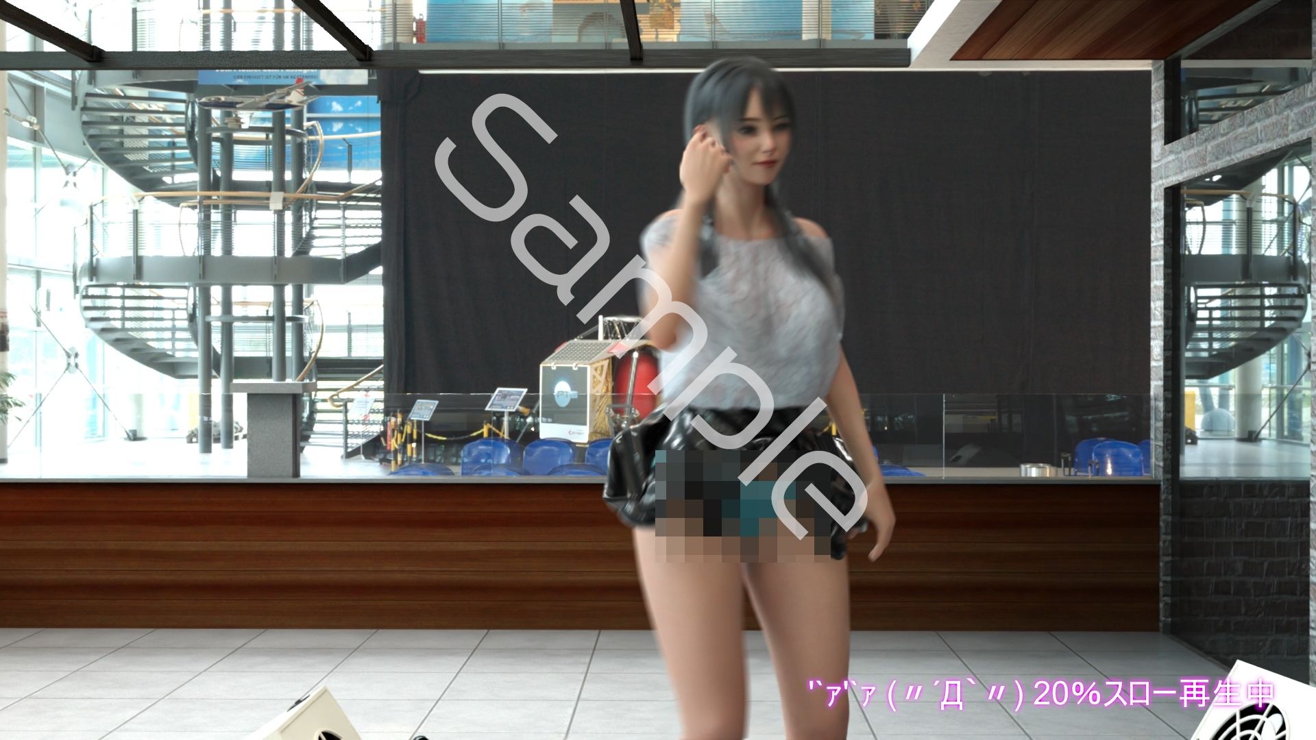 女子アナになった二階堂沙耶・早朝のニュース番組の冒頭でミニスカートでダンスすることを業務命令で強要される:Vol.007『ただの話題作りとのことで電源OFF（のはず）のカメラが4台、ローアングルから彼女のスカート内を覗き込むように設置されている:PV07_水色フルバックパンティで扇風機風チラ』 - サンプル画像 2