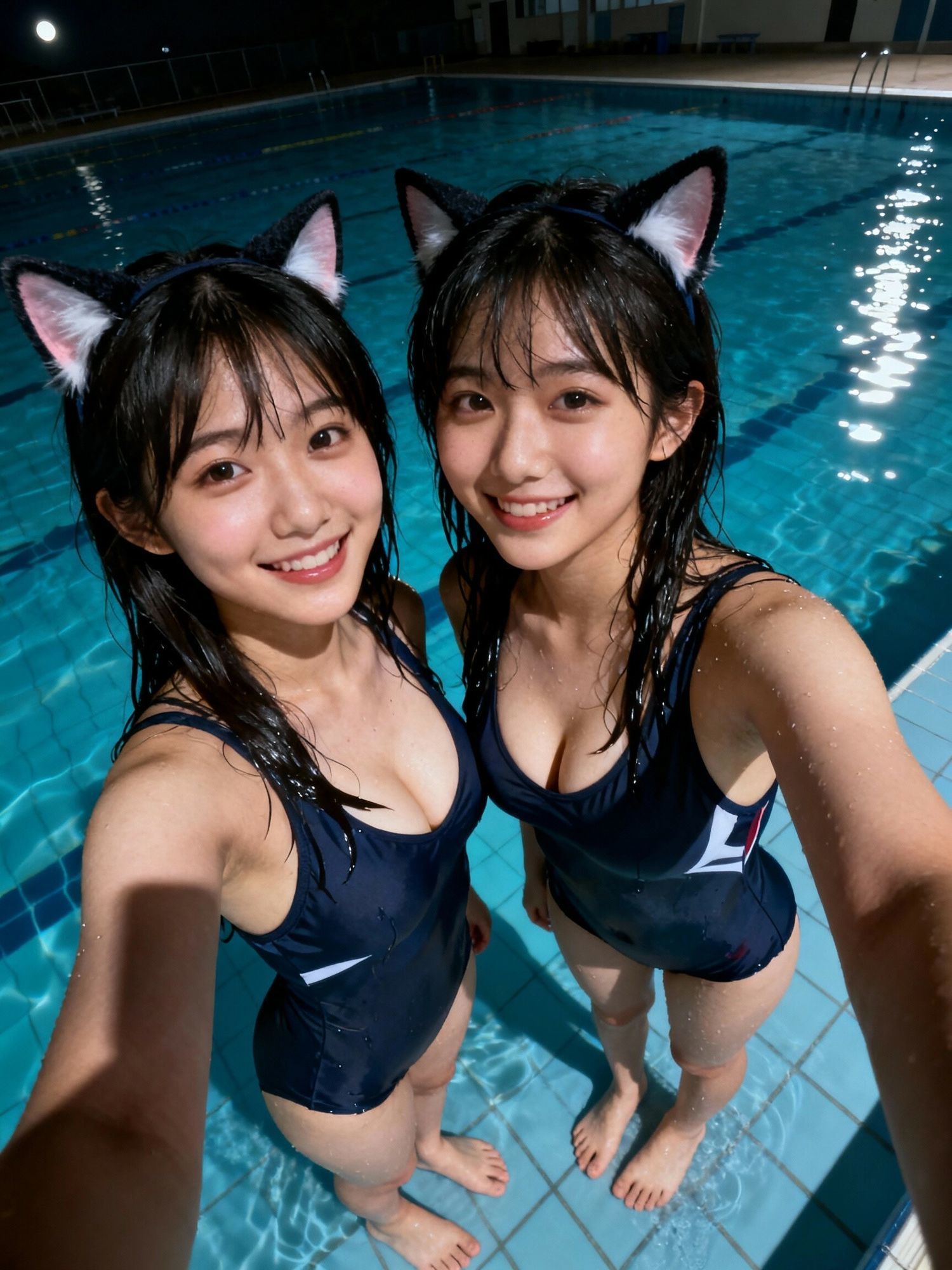 ネコ耳JKセルフィー in 月夜のプール - サンプル画像 4