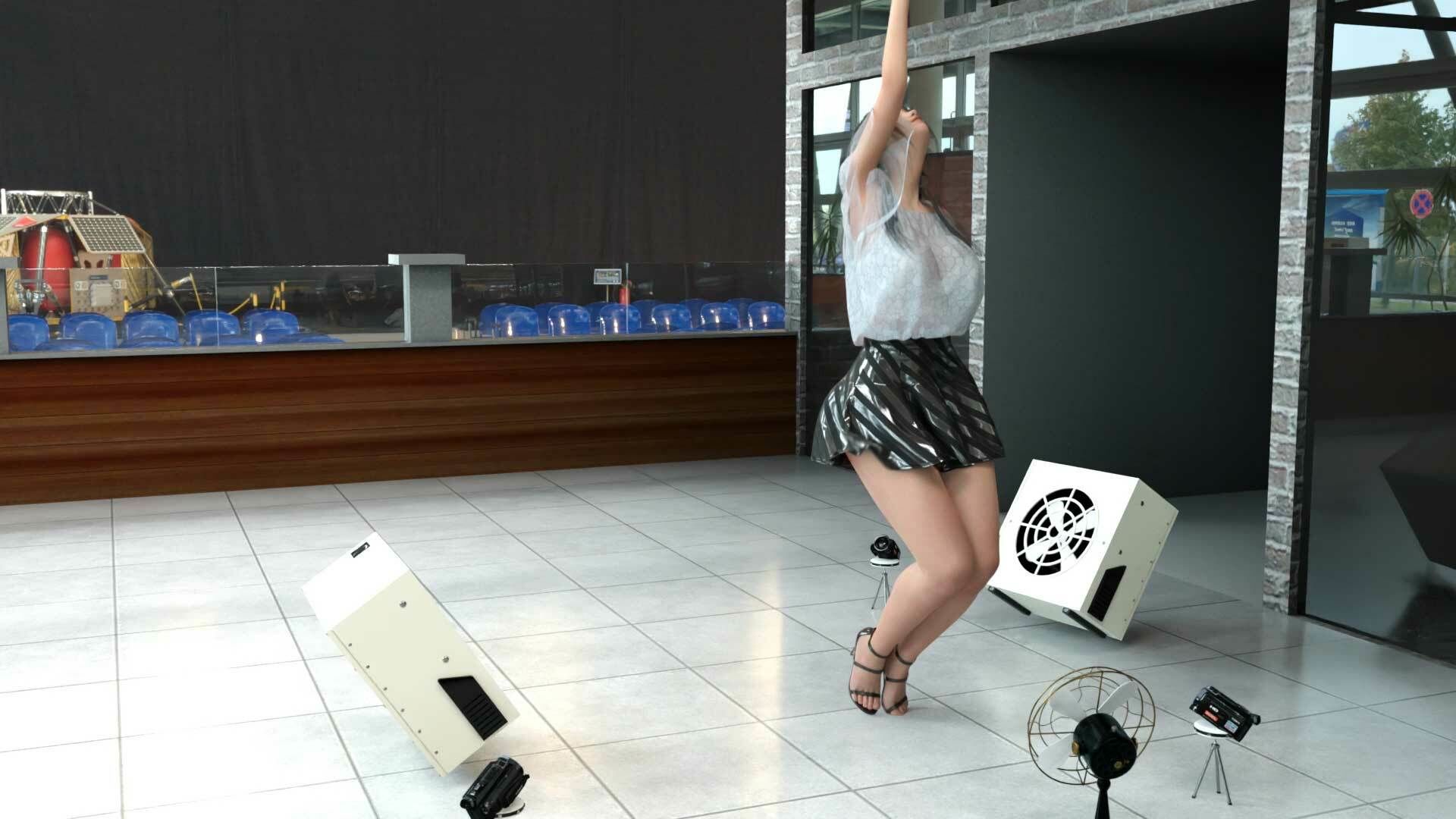 女子アナになった二階堂沙耶・早朝のニュース番組の冒頭でミニスカートでダンスすることを業務命令で強要される・ダンスVer.3:Vol.03『ただの話題作りとのことで電源OFF（のはず）のカメラが4台、ローアングルから彼女のスカート内を覗き込むように設置されている:PV03_純白フルバックパンティで扇風機風チラ』 - サンプル画像 5