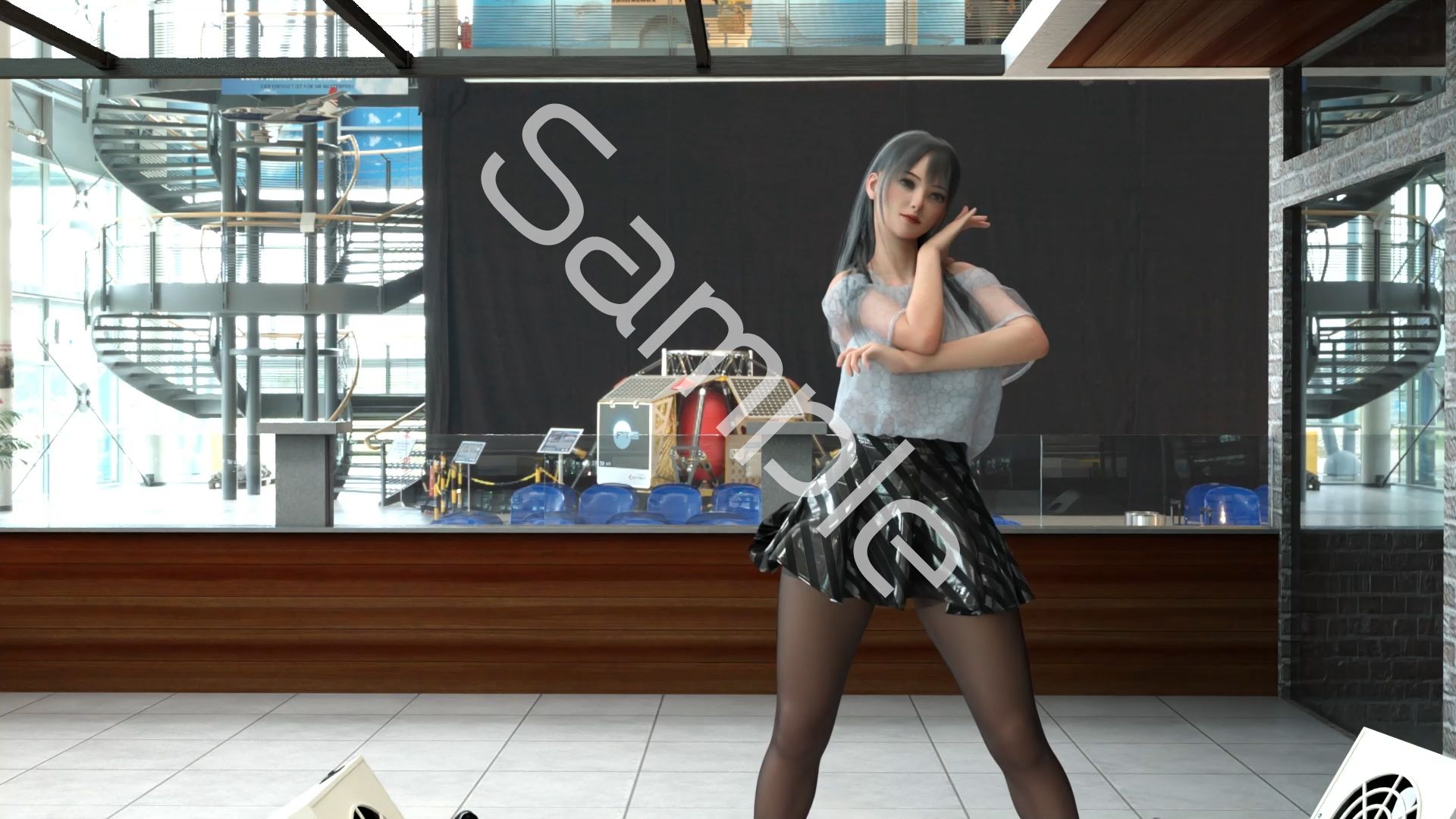 女子アナになった二階堂沙耶・早朝のニュース番組の冒頭でミニスカートでダンスすることを業務命令で強要される・ダンスVer.3:Vol.04『ただの話題作りとのことで電源OFF（のはず）のカメラが4台、ローアングルから彼女のスカート内を覗き込むように設置されている:PV04_パンストの下に純白Tバックパンティで扇風機風チラ』 - サンプル画像 5