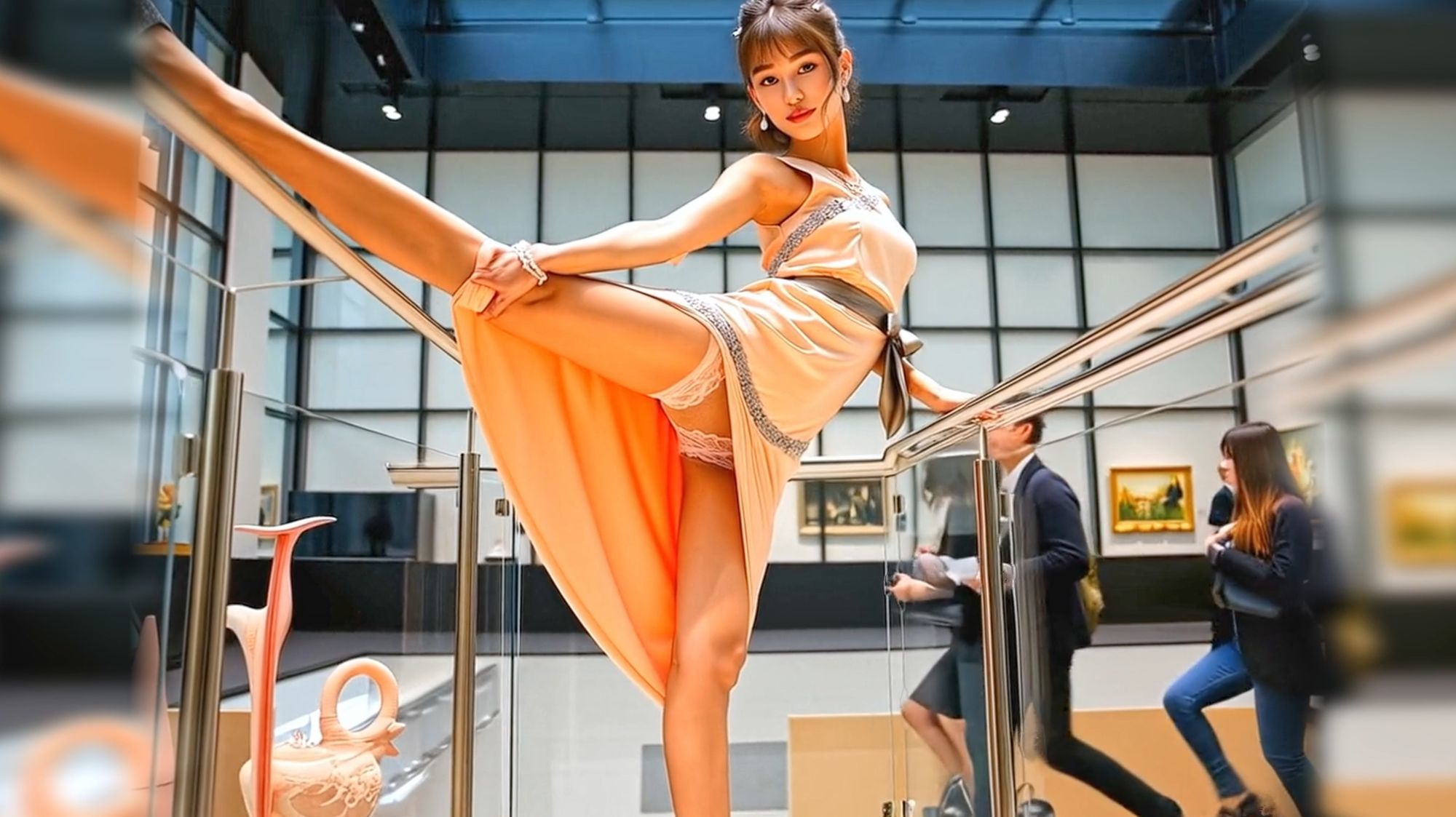 妄想 美術館で美女が脚上げ ドレスの裾をたくし上げ AI生成動画 - サンプル画像 4