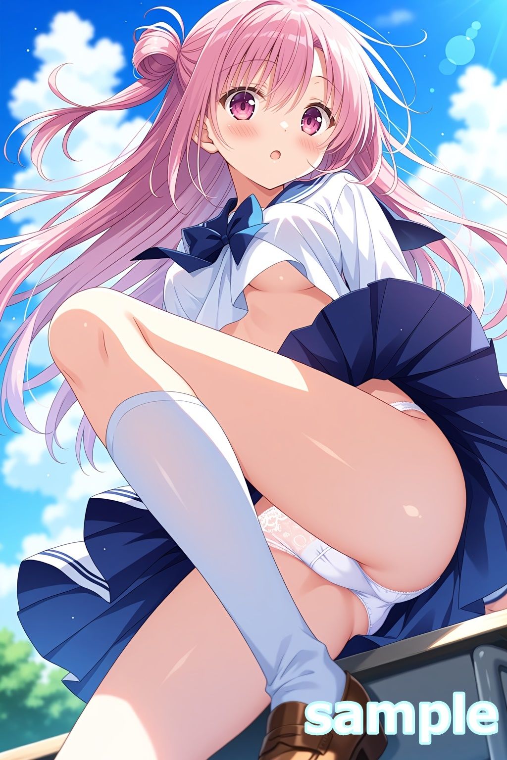 おパンツ拝見イラスト集 〜セーラー服女子校生・風のいたずら編〜 - サンプル画像 1