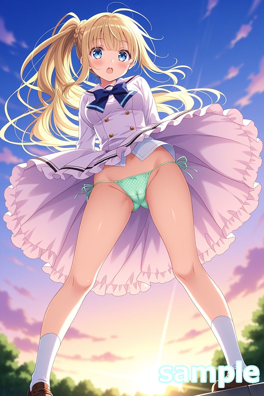 おパンツ拝見イラスト集 〜セーラー服女子校生・風のいたずら編〜 - サンプル画像 6