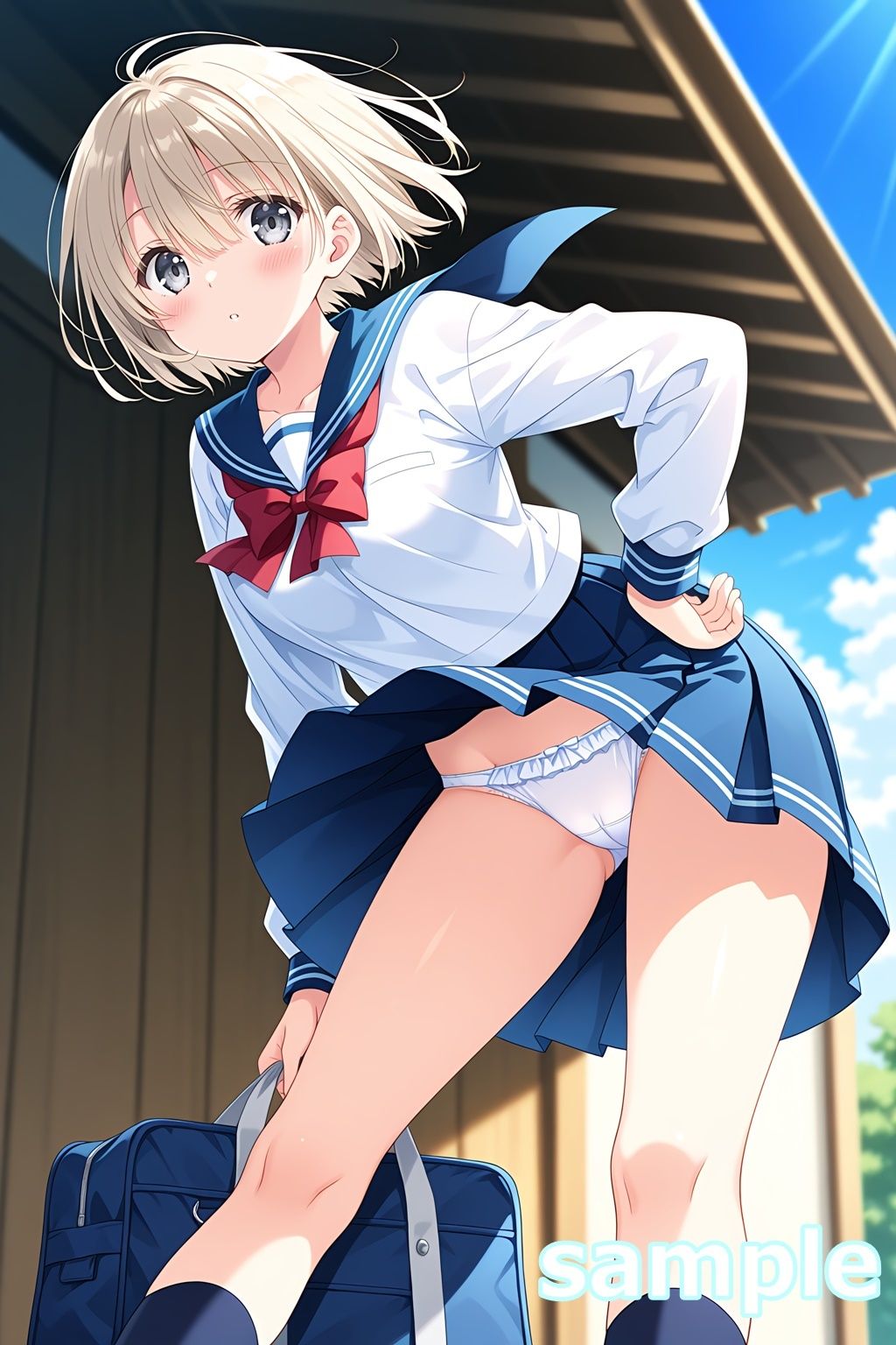 おパンツ拝見イラスト集 〜セーラー服女子校生・風のいたずら編〜 - サンプル画像 7