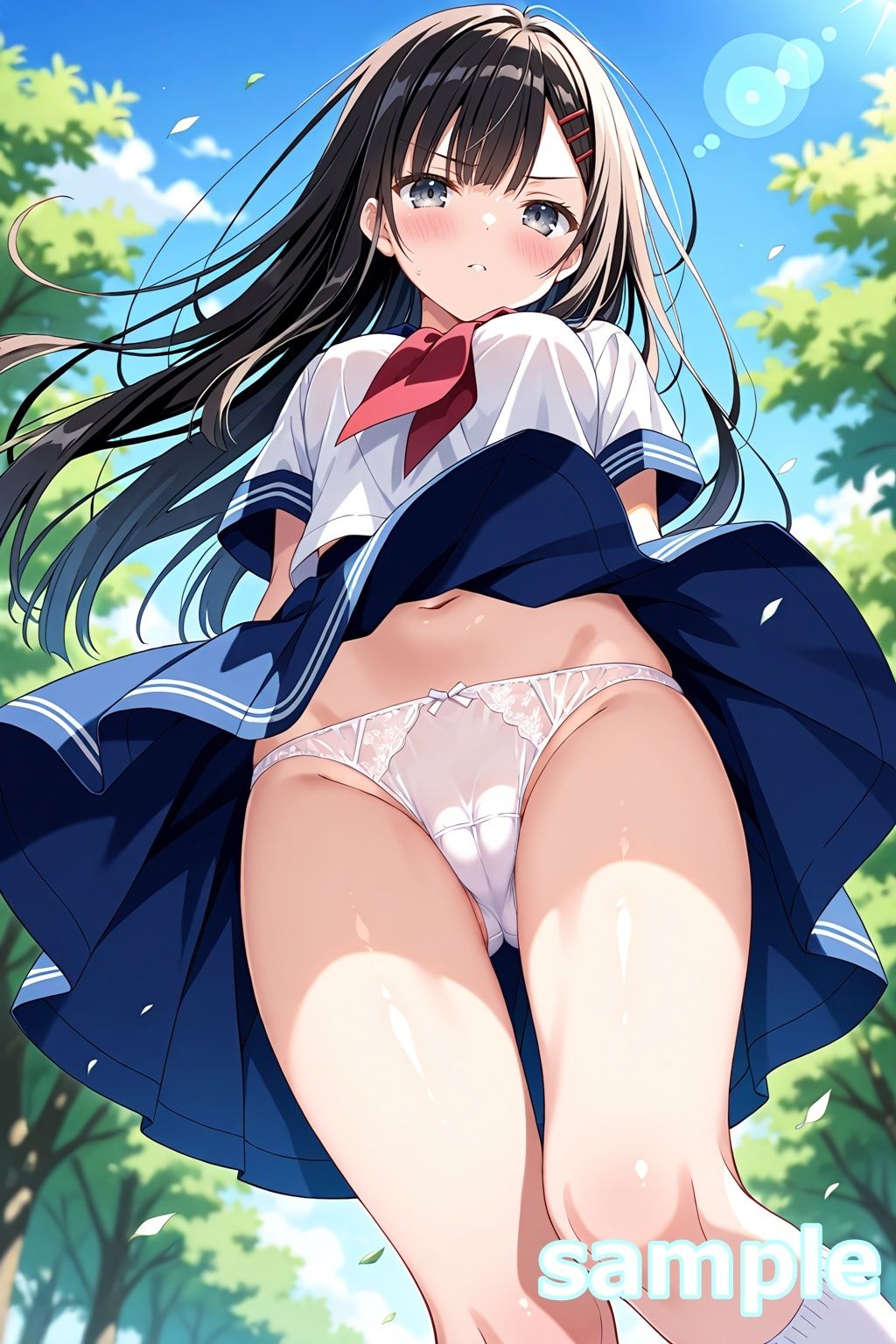 おパンツ拝見イラスト集 〜セーラー服女子校生・風のいたずら編〜 - サンプル画像 8