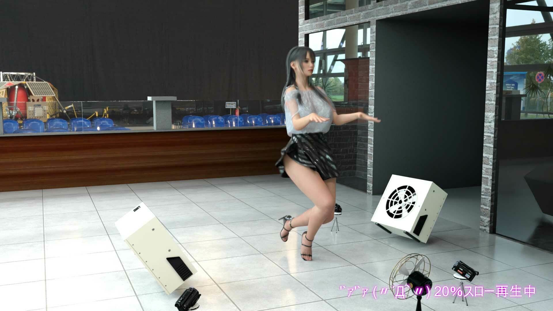 女子アナになった二階堂沙耶・早朝のニュース番組の冒頭でミニスカートでダンスすることを業務命令で強要される・ダンスVer.3:Vol.09『ただの話題作りとのことで電源OFF（のはず）のカメラが4台、ローアングルから彼女のスカート内を覗き込むように設置されている:PV09_＋黒色ガーターストッキング＋Tバックパンティで扇風機風チラ』 - サンプル画像 3