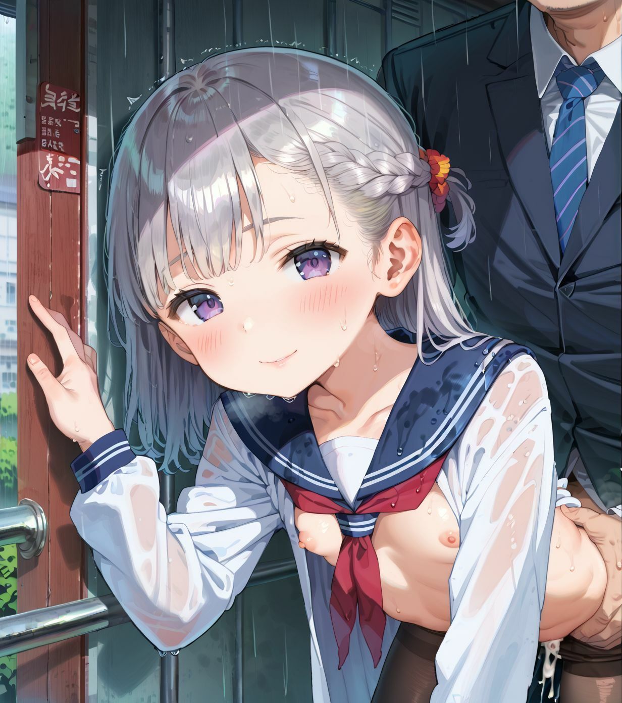 制服ちっぱい少女、バス停で雨宿り01 - サンプル画像 1