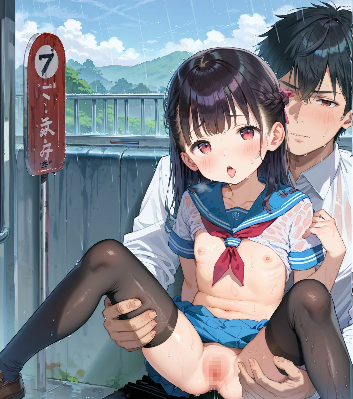 制服ちっぱい少女、バス停で雨宿り01 - サンプル画像 7