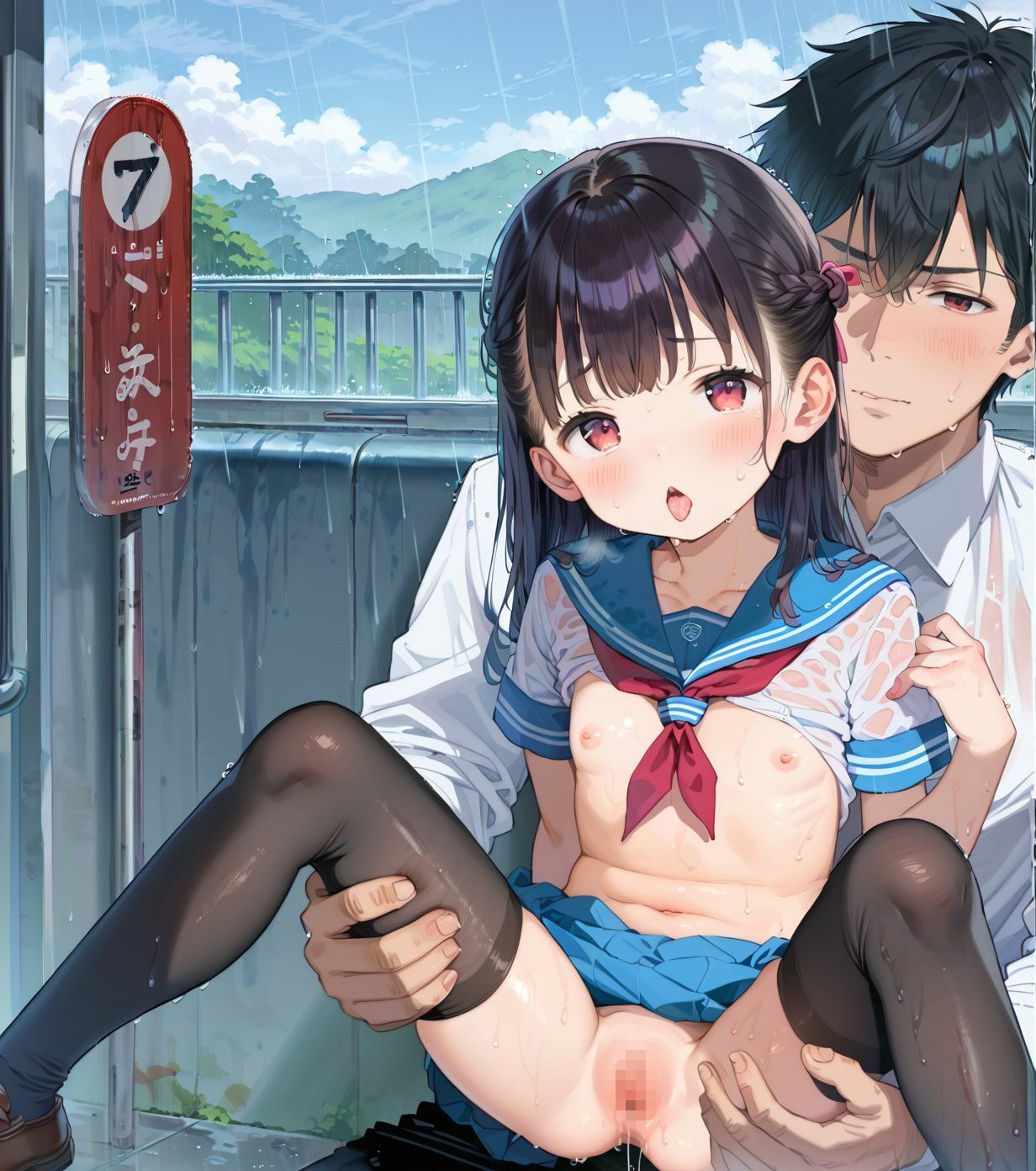 制服ちっぱい少女、バス停で雨宿り02 - サンプル画像 1