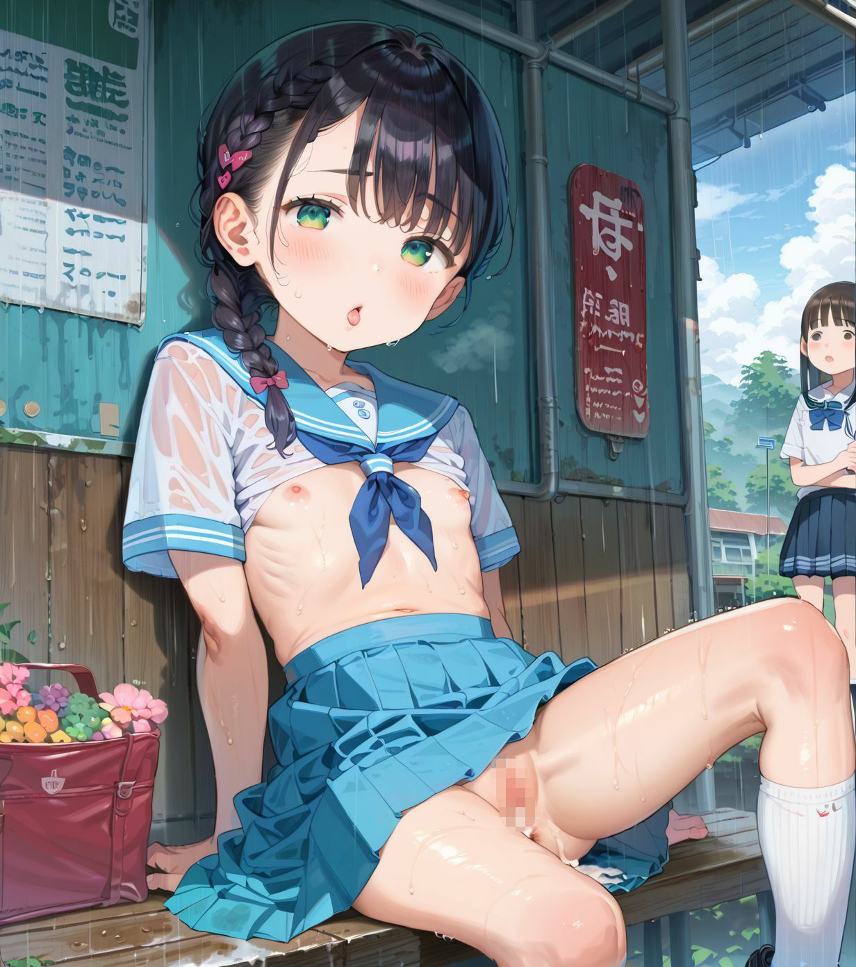 制服ちっぱい少女、バス停で雨宿り03 - サンプル画像 2