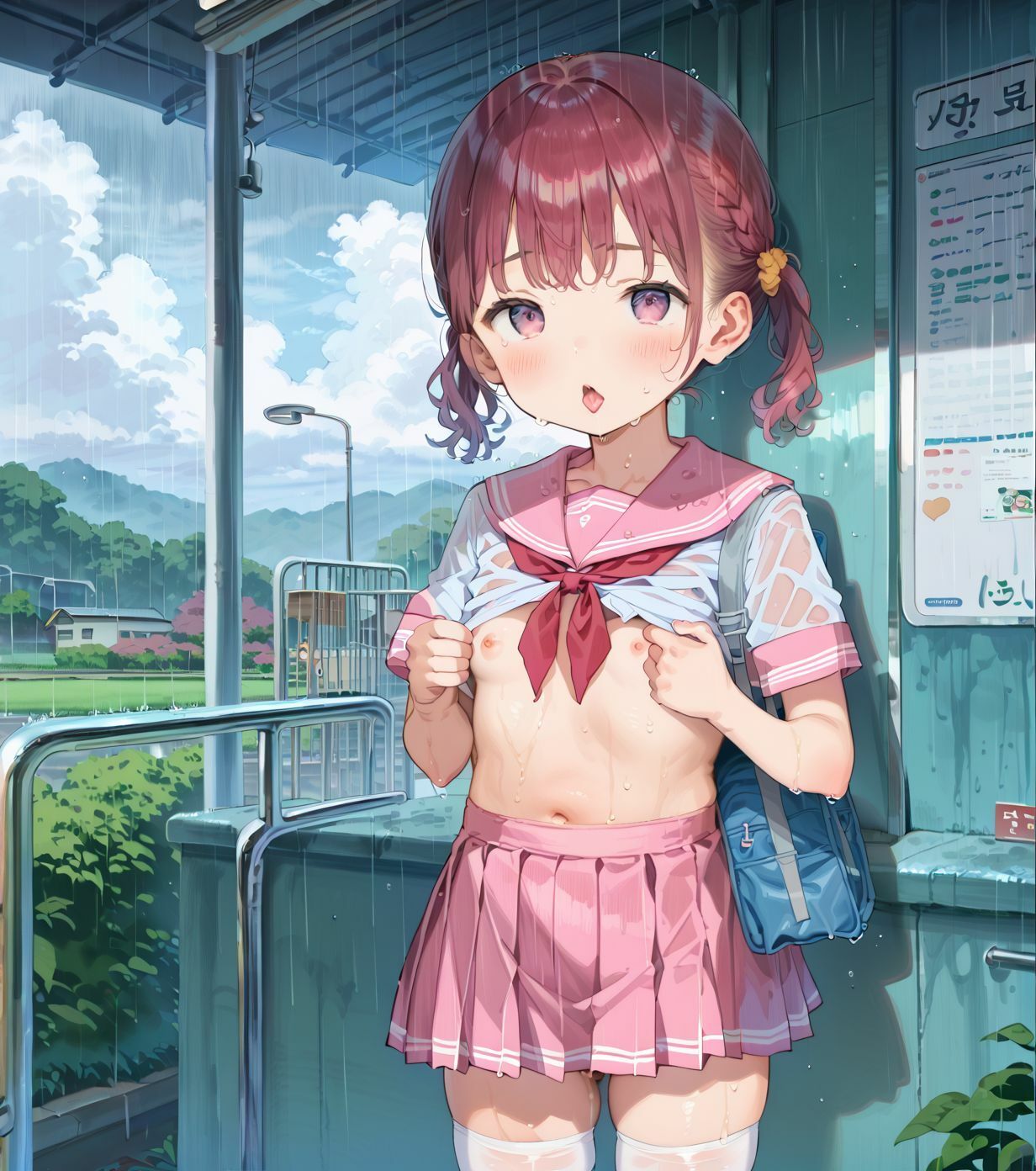 制服ちっぱい少女、バス停で雨宿り03 - サンプル画像 3