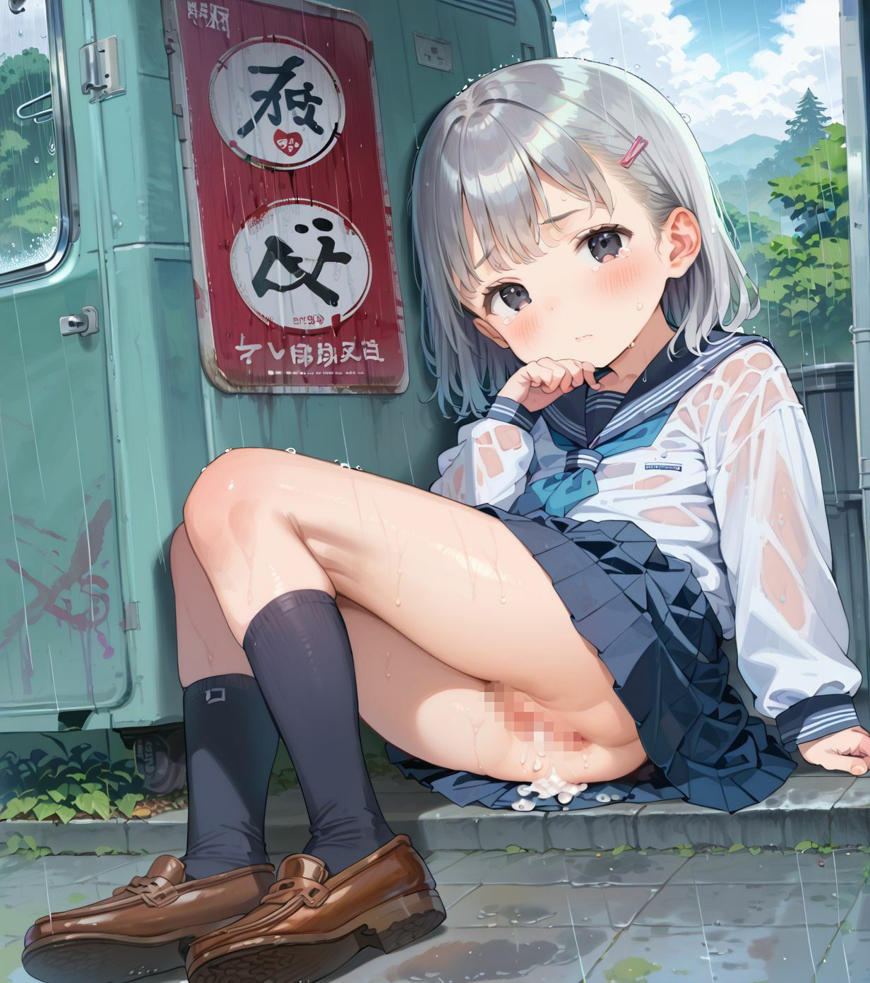 制服ちっぱい少女、バス停で雨宿り03 - サンプル画像 6