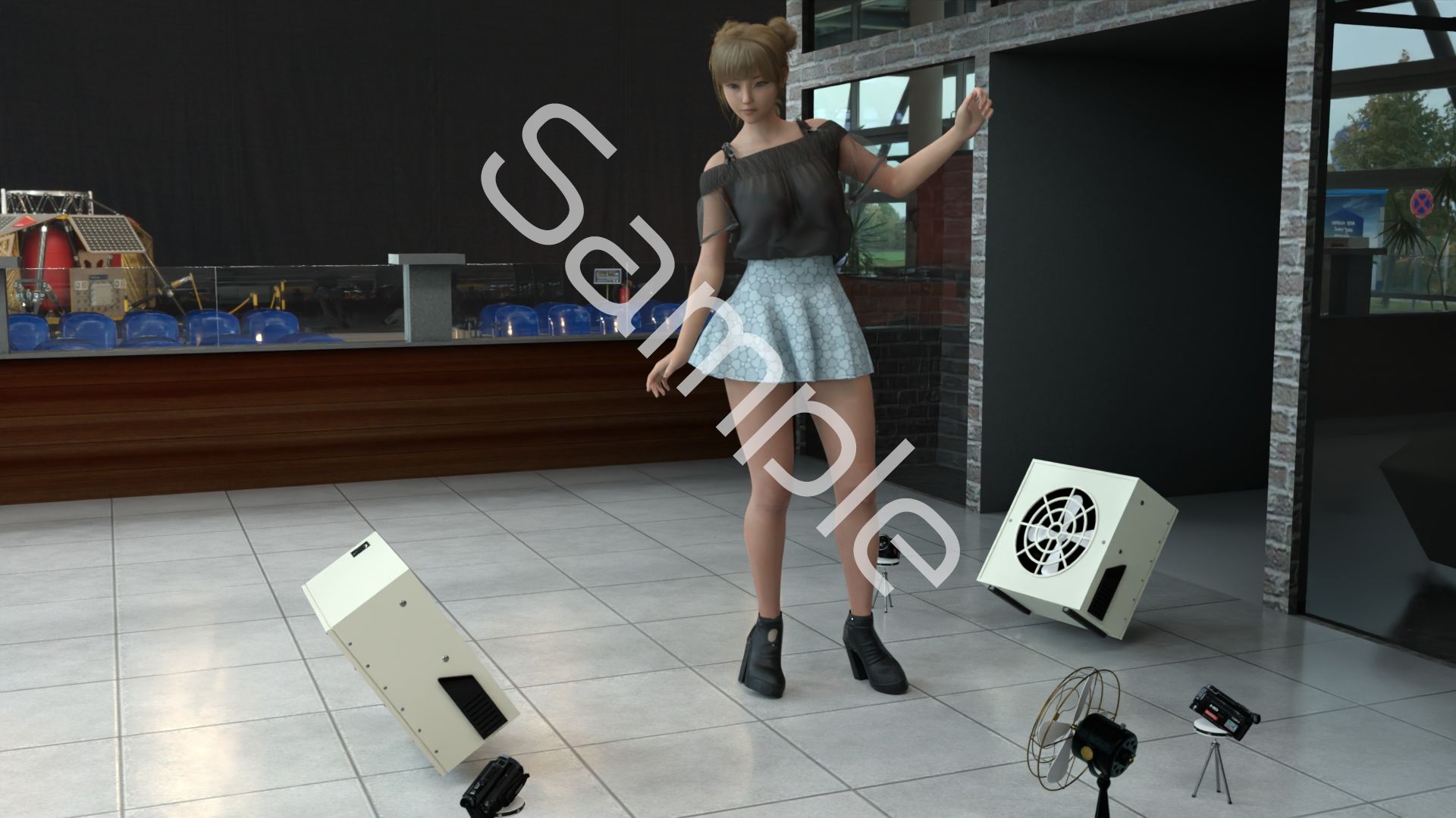 一ノ瀬廻里・自分がパーソナリティのラジオ番組の冒頭でミニスカートでダンスすることを業務命令で強要される:Vol.002『ただの話題作りとのことで電源OFF（のはず）のカメラが4台、ローアングルから彼女のスカート内を覗き込むように設置されている（水色レースパンティ』 - サンプル画像 5