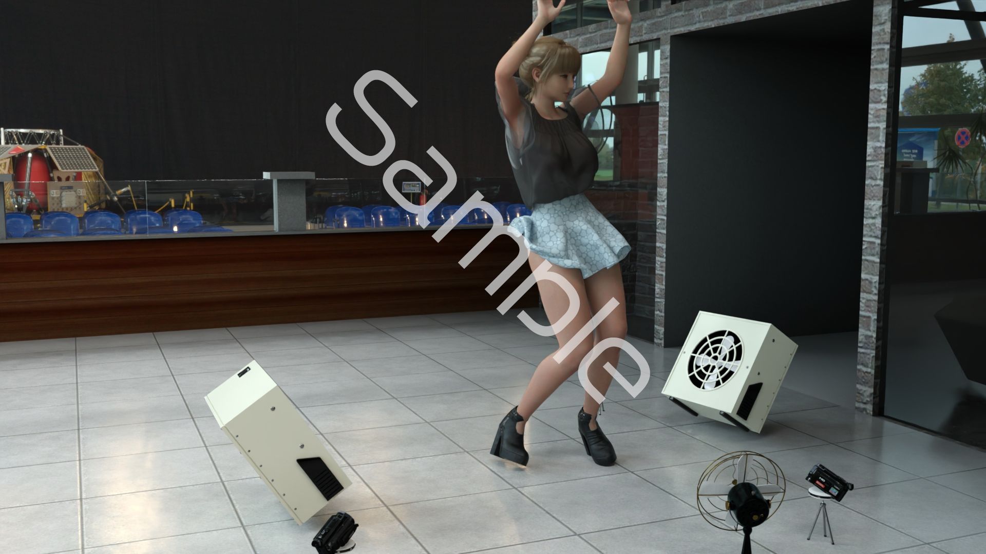 一ノ瀬廻里・自分がパーソナリティのラジオ番組の冒頭でミニスカートでダンスすることを業務命令で強要される:Vol.003『ただの話題作りとのことで電源OFF（のはず）のカメラが4台、ローアングルから彼女のスカート内を覗き込むように設置されている（水玉柄黒サテン地パンティ』 - サンプル画像 5