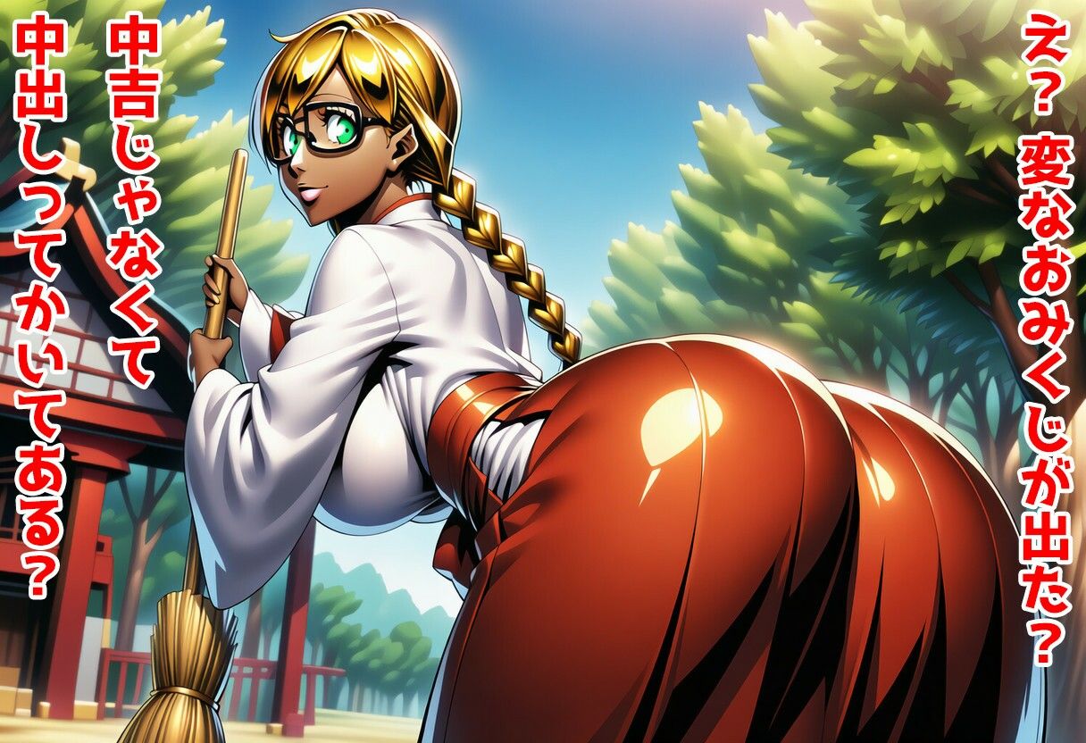 おみくじで中出しを引いたら爆乳陥没乳首の褐色金髪眼鏡巫女さんとセックスできる神社 - サンプル画像 1