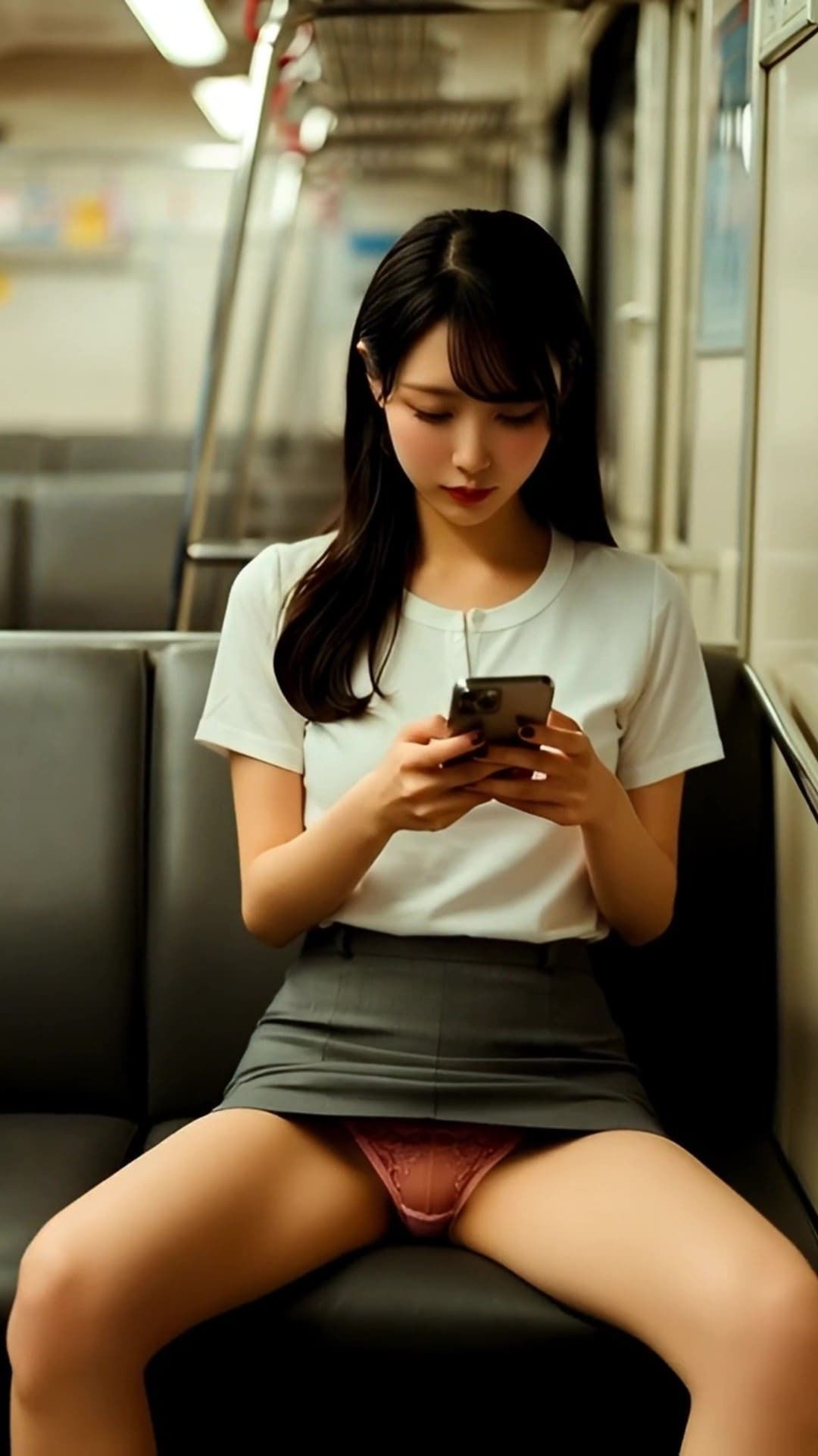 揺れる電車内、スマホに夢中な女子たちの無防備に開く美脚からパンチラ拝見！ - サンプル画像 2